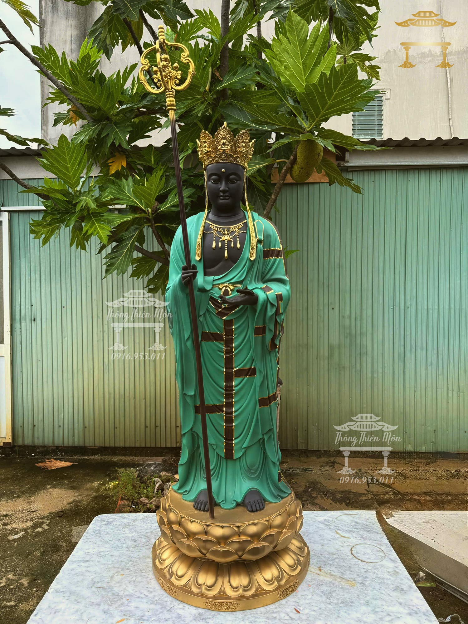 Tượng Địa Tạng Vương Bồ Tát, Kích thước 120cm, Màu xanh