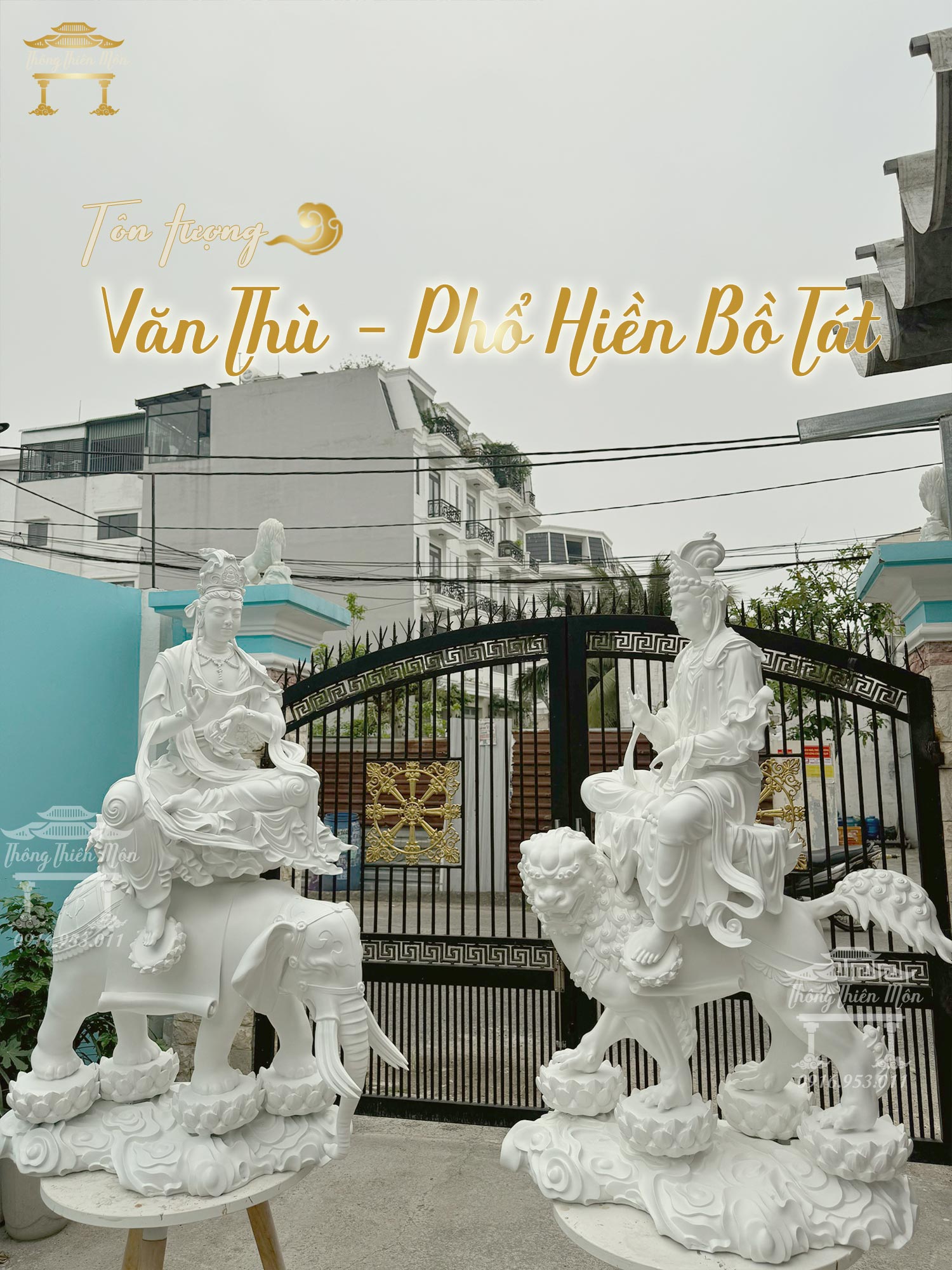Tượng Văn Thù - Phổ Hiền Bồ Tát, Màu trắng ngọc trai, kích thước 140cm