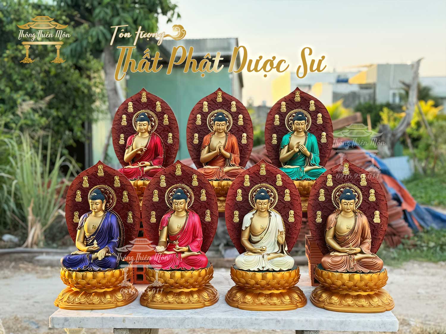 Tượng Thất Phật Dược Sư, Kích thước 45cm, sơn phối màu kết hợp viền vàng