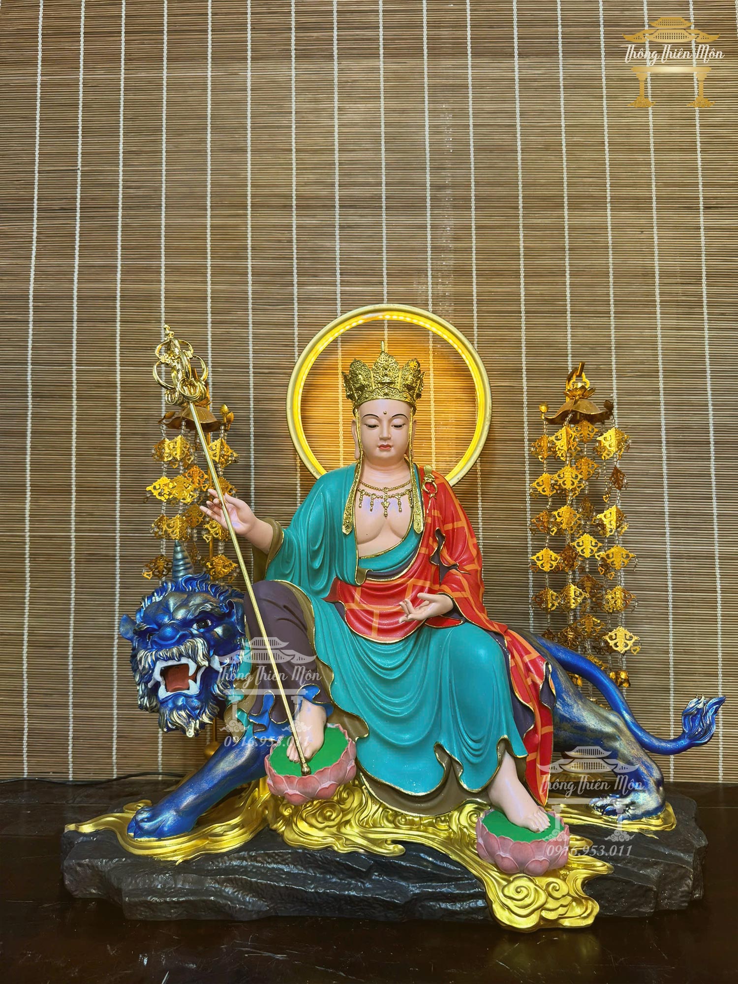 Tượng Địa Tạng đế thính, Kích thước 48cm, Sơn phối xanh