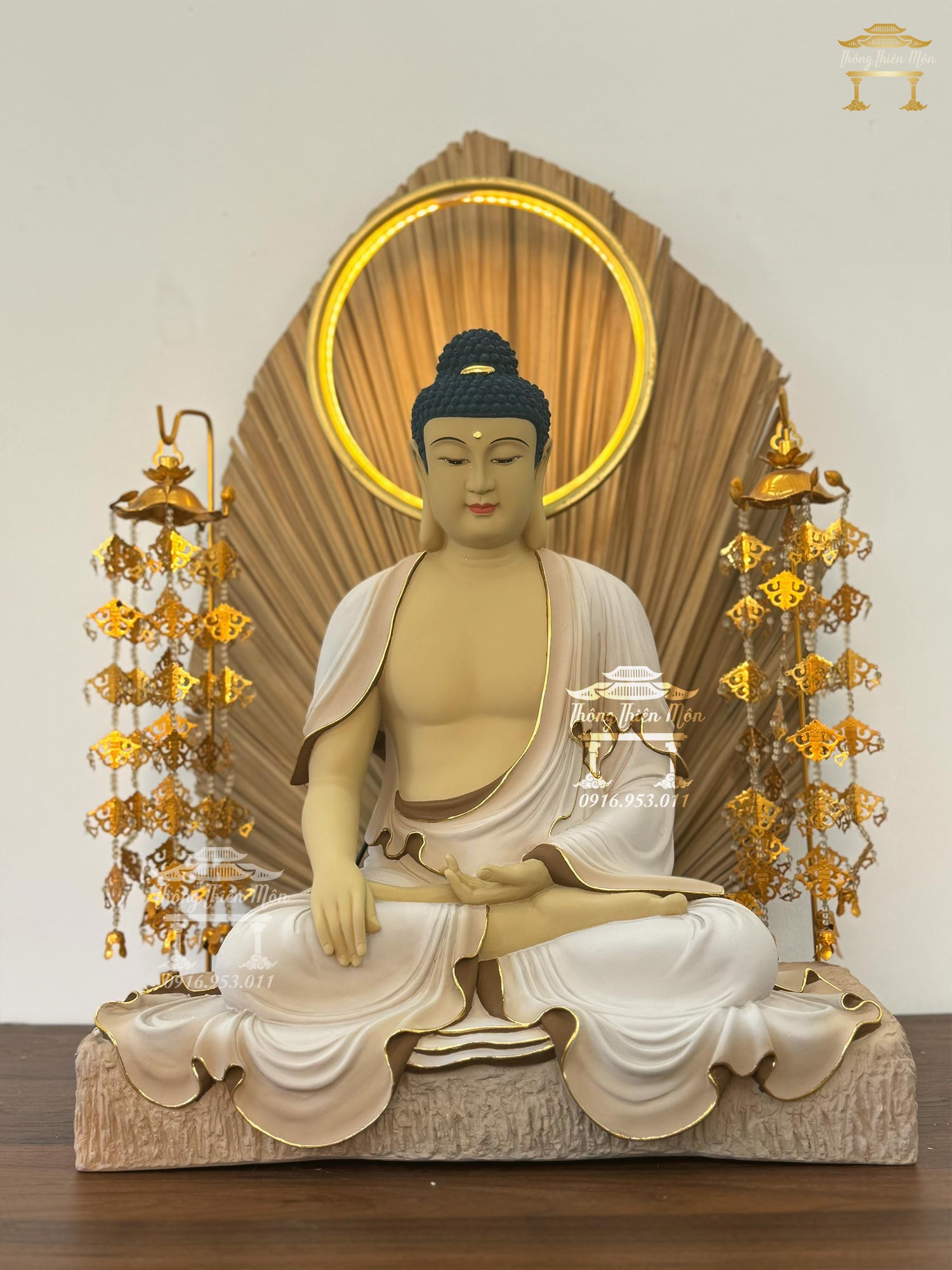 Tôn tượng Dược Sư Lưu Ly, Kích thước 45cm, Sơn khoáng phối màu viền vàng