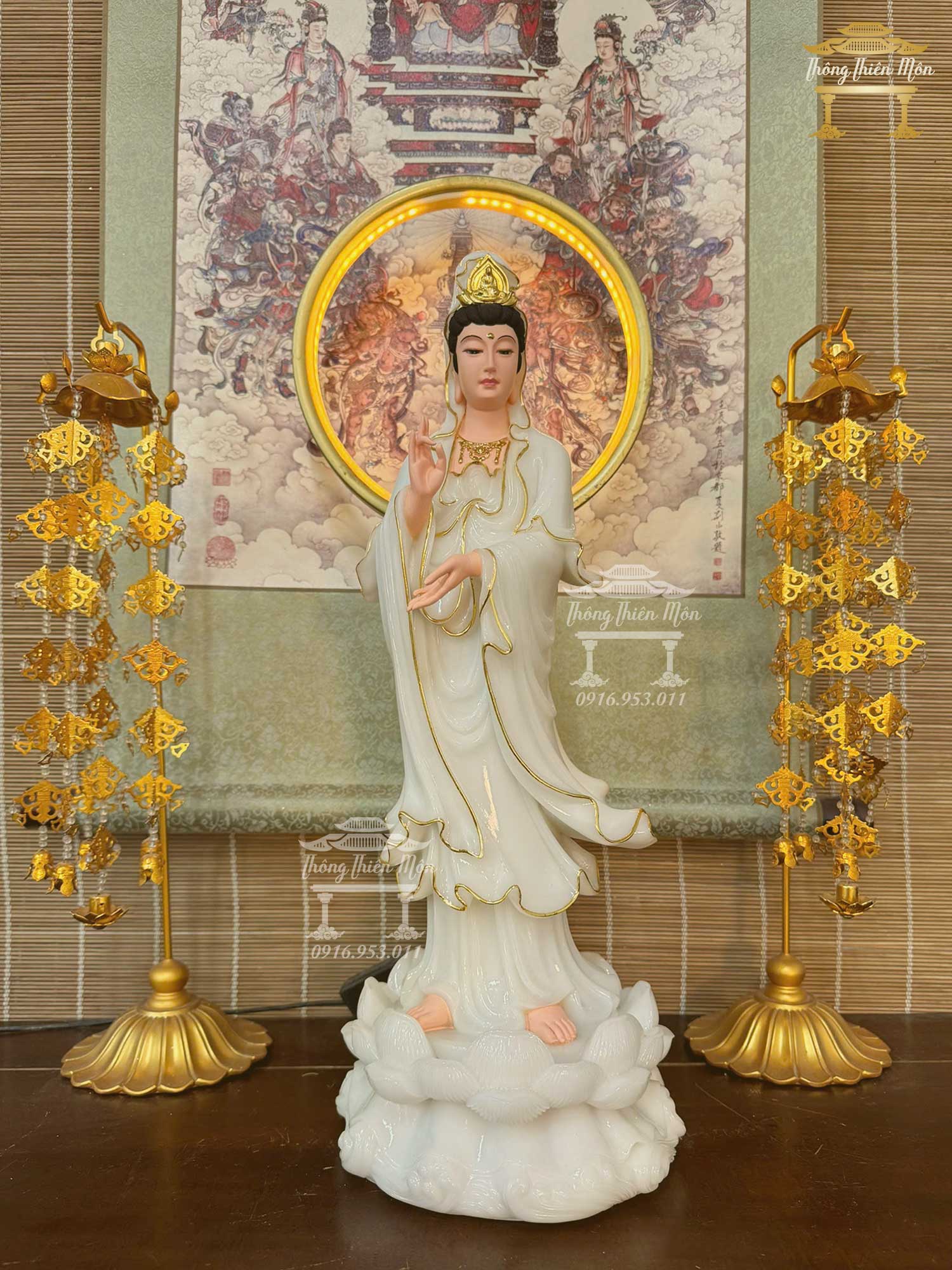 Tôn tượng Quan Âm dáng đứng, Kích thước 50cm, Chất liệu Bột đá Bạch Ngọc