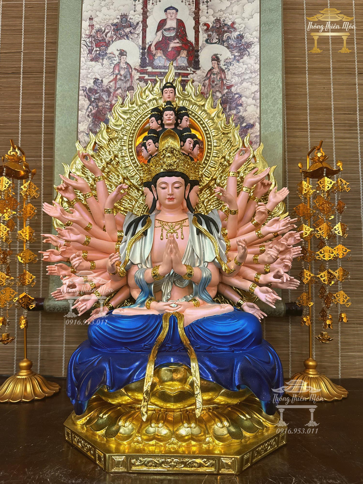 Tôn tượng Thiên Thủ Thiên Nhãn Bồ Tát, Kích thước 60cm, Sơn phối xanh