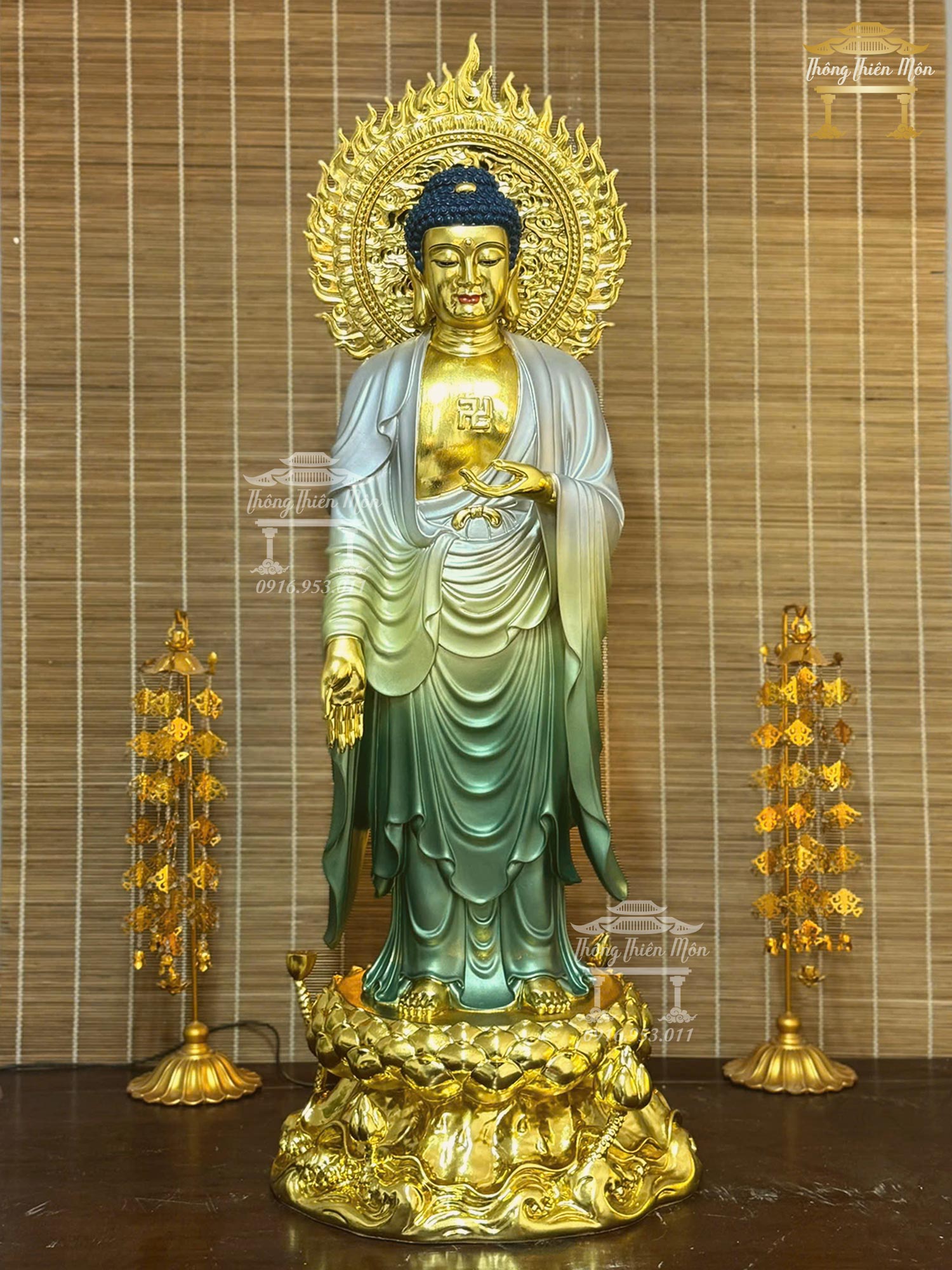 Tôn tượng A Di Đà, Kích thước 100cm, Sơn khoáng xanh, Da mạ vàng