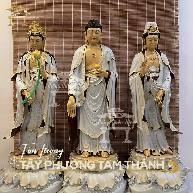 Tôn tượng Tây Phương Tam Thánh - Cao 90cm - Màu xám - đường viền nhũ vàng