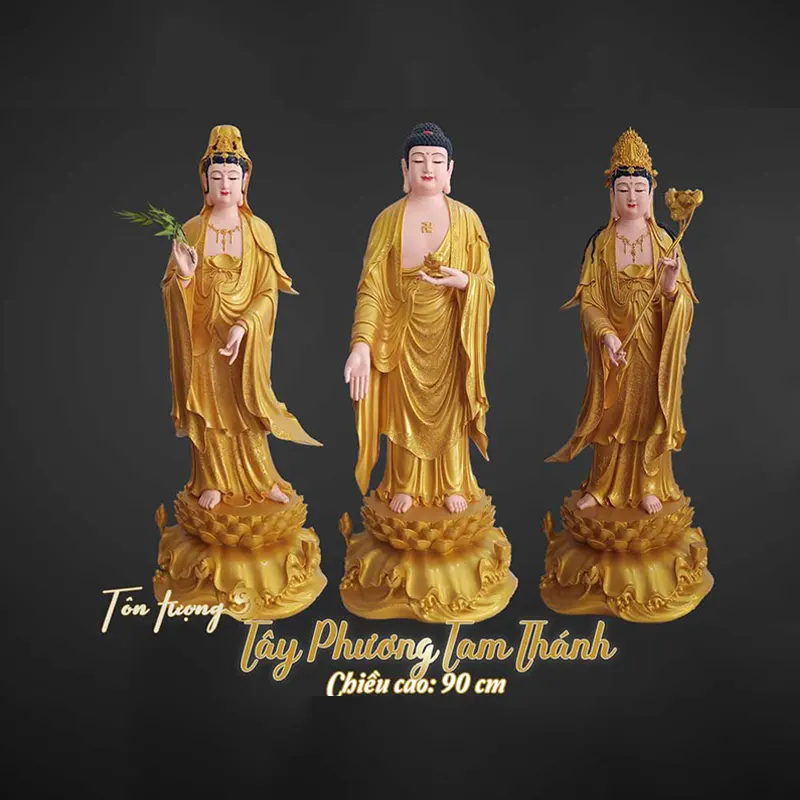 Tôn tượng Tây Phương Tam Thánh - Cao 90cm - Màu vàng nhũ