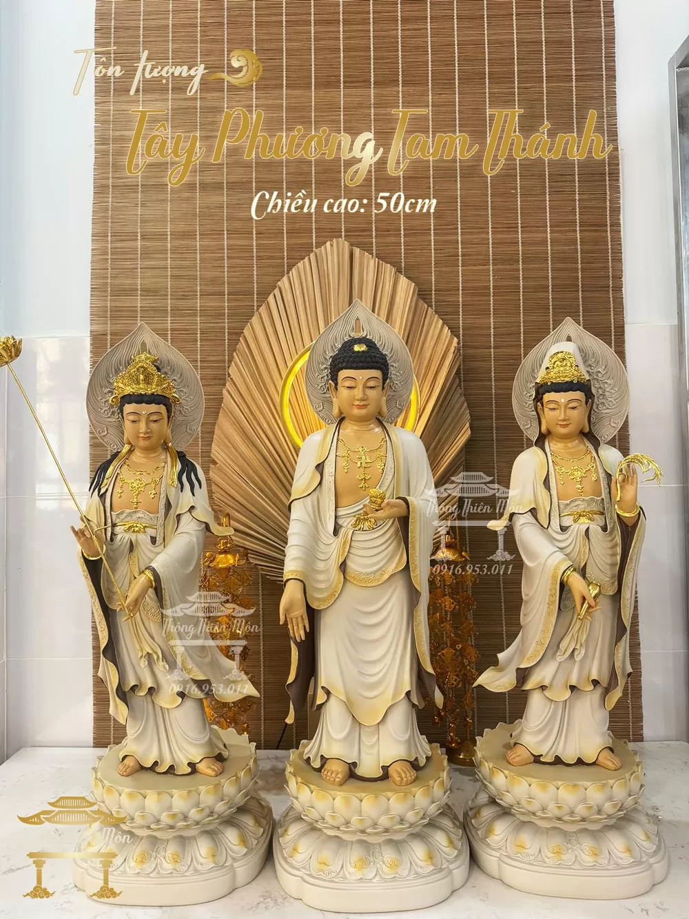 Tôn tượng Tây Phương Tam Thánh - Cao 70cm - Màu xám - Viền vàng