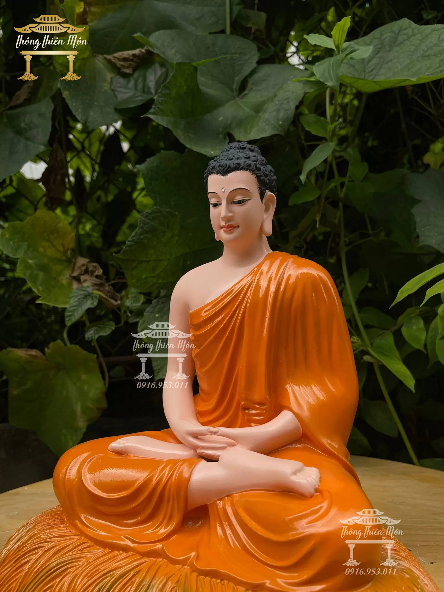 Tượng Bổn Sư Thiền Định, Y xéo, Màu cam tươi, Kích thước 30cm