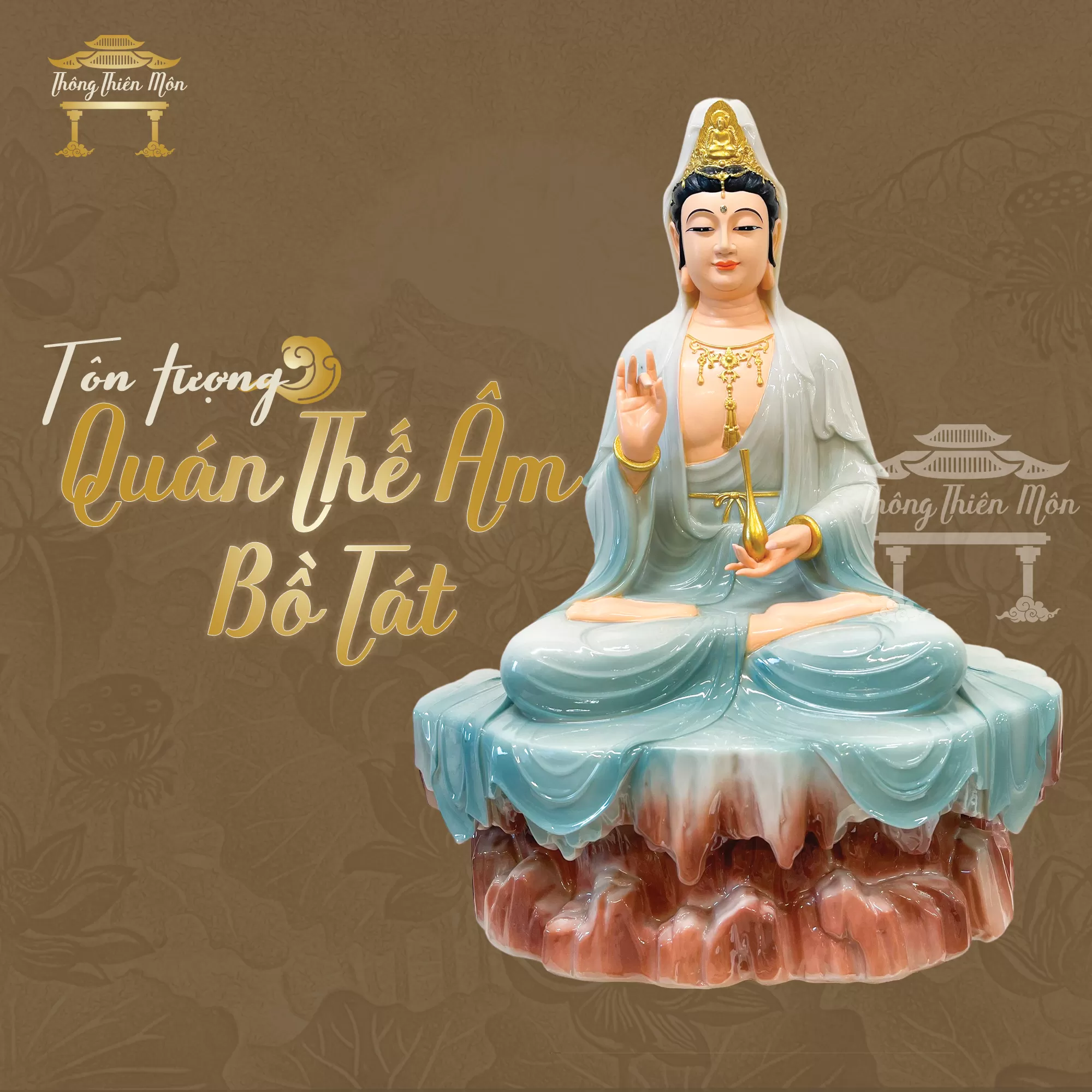 Tượng Quan Âm ngồi đá, phối màu xanh, kích thước 48cm