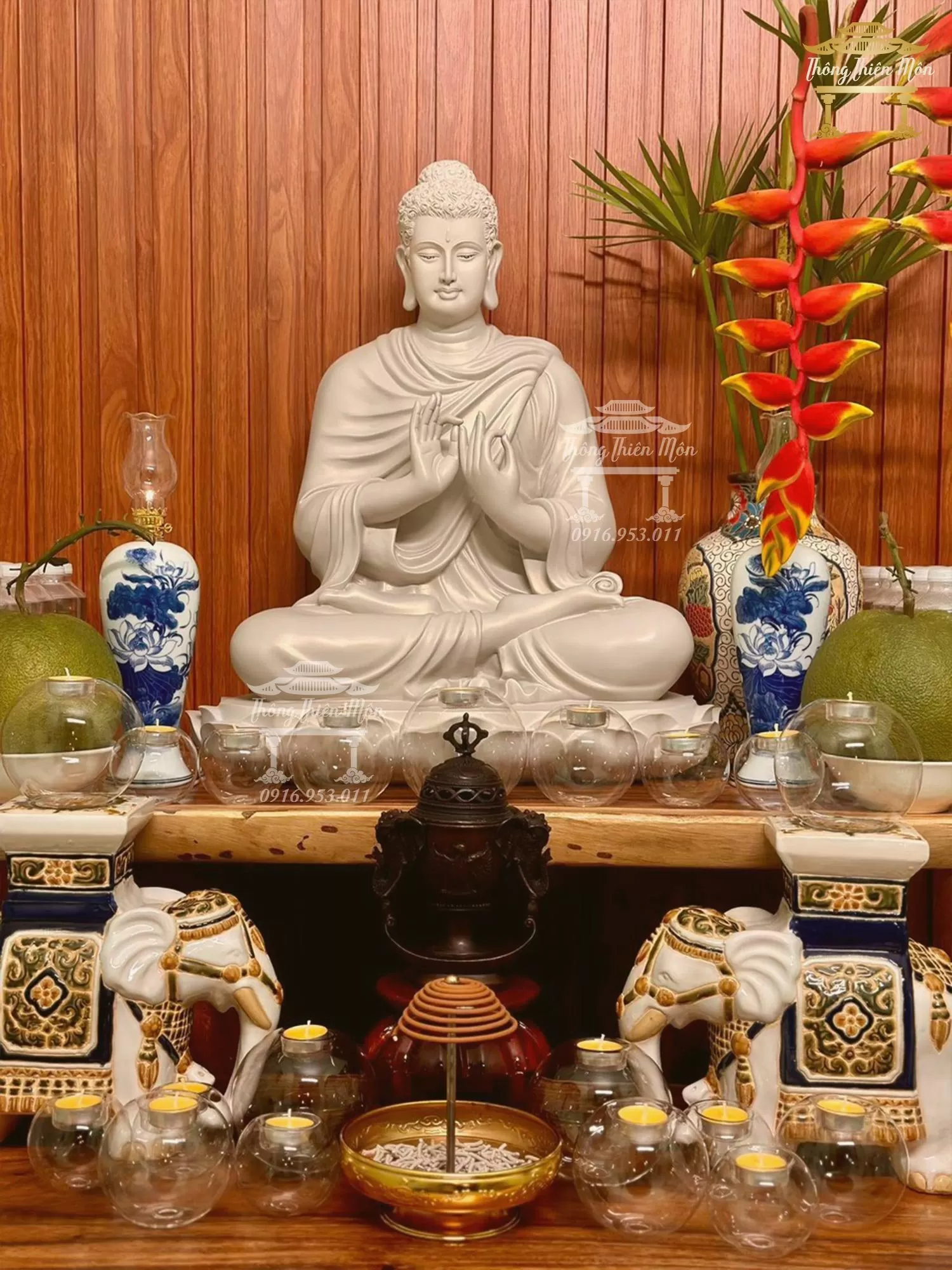 Tượng Thích Ca Chuyển Pháp Luân, 70cm, Đế sen 1 tầng, sơn 1 màu