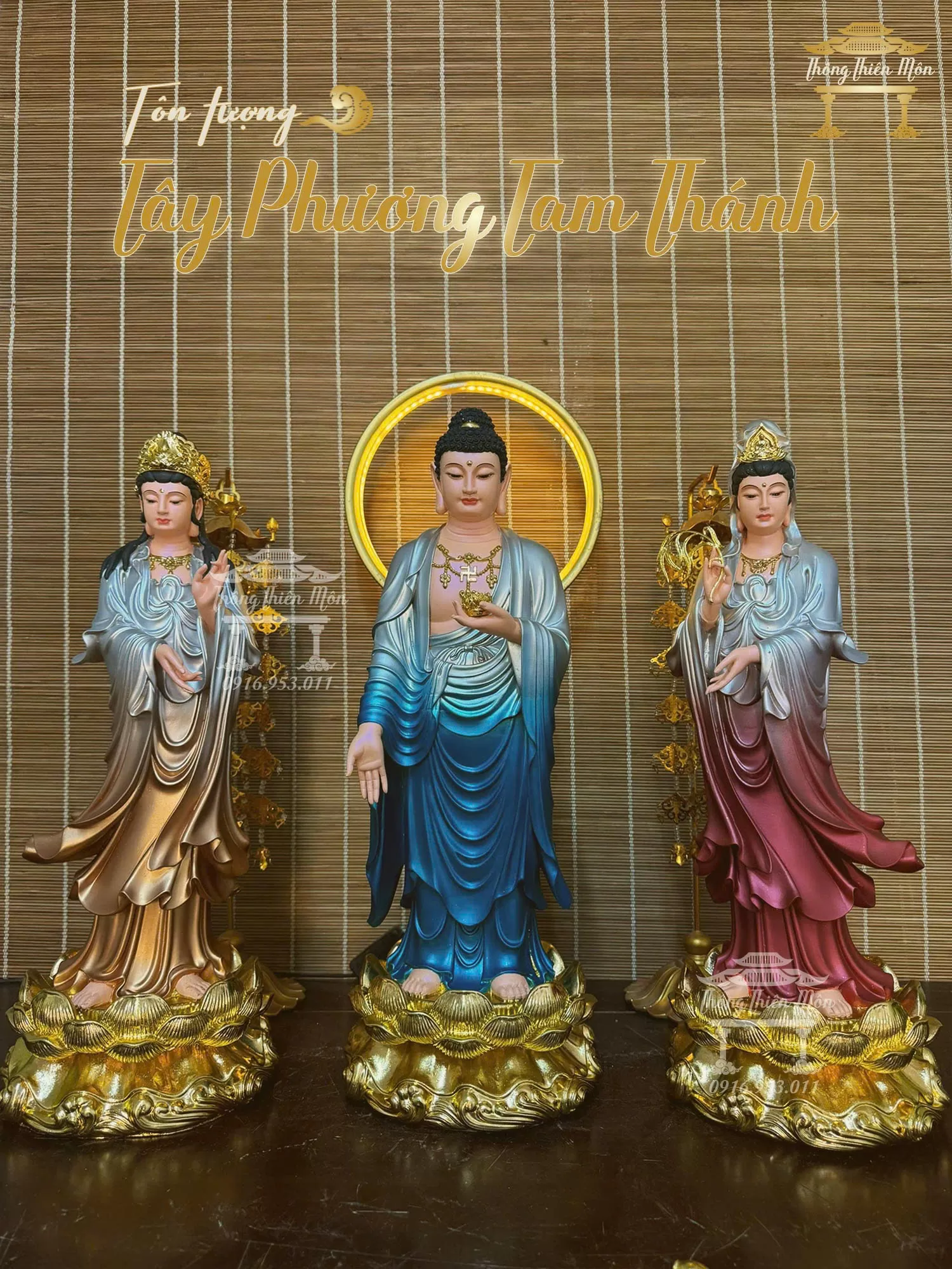 Tôn tượng Tây Phương Tam Thánh, Sơn phối màu, Kích thước 50cm