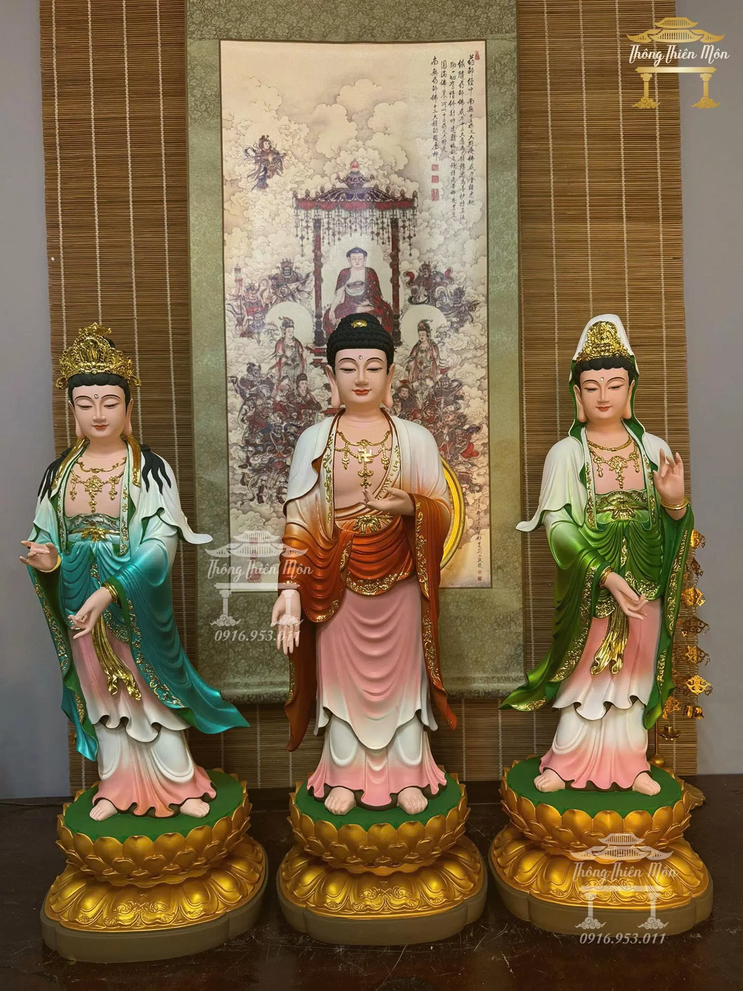 Tôn tượng Tây Phương Tam Thánh, Kích thước 66cm, Sơn phối màu