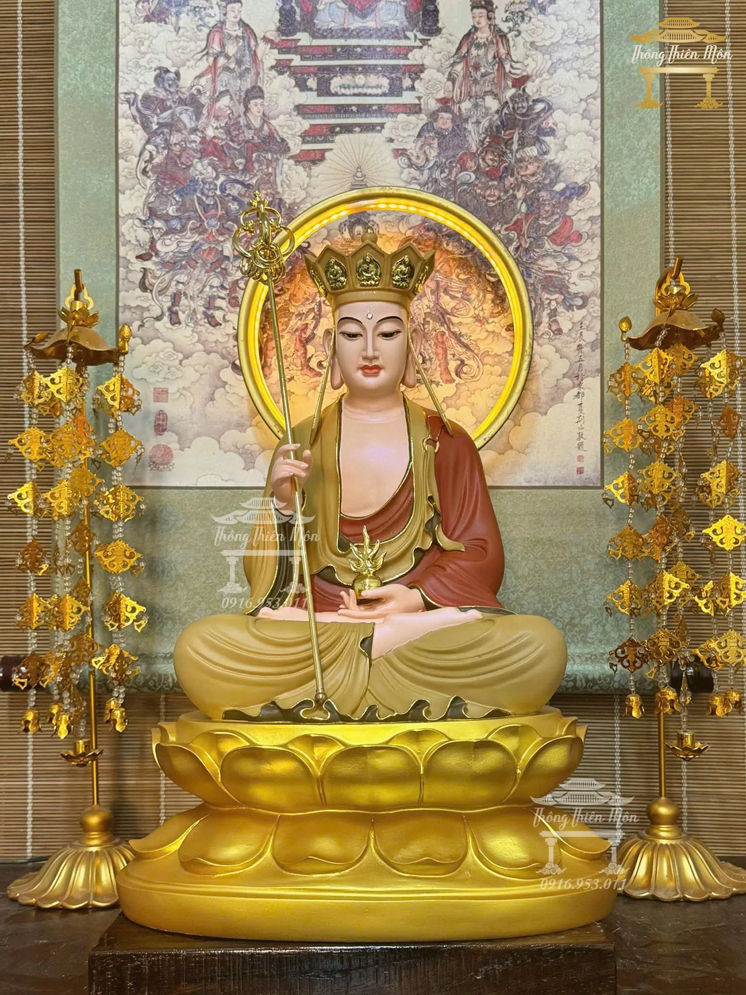 Tôn tượng Địa Tạng Bồ Tát, Kích thước 45cm, Y đỏ gốm + vàng