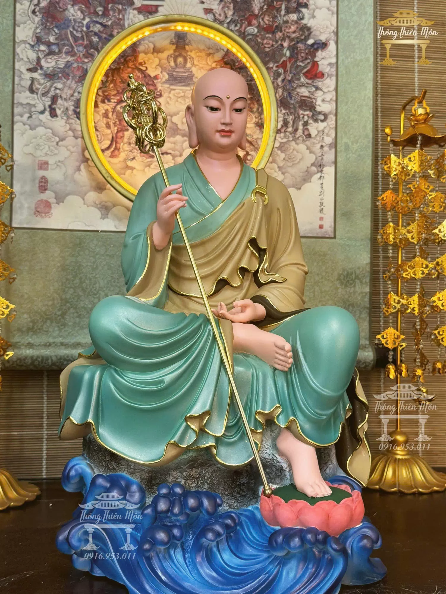 Tôn tượng Địa Tạng Tự Tại Bồ Tát, Kích thước 45cm, Sơn phối xanh