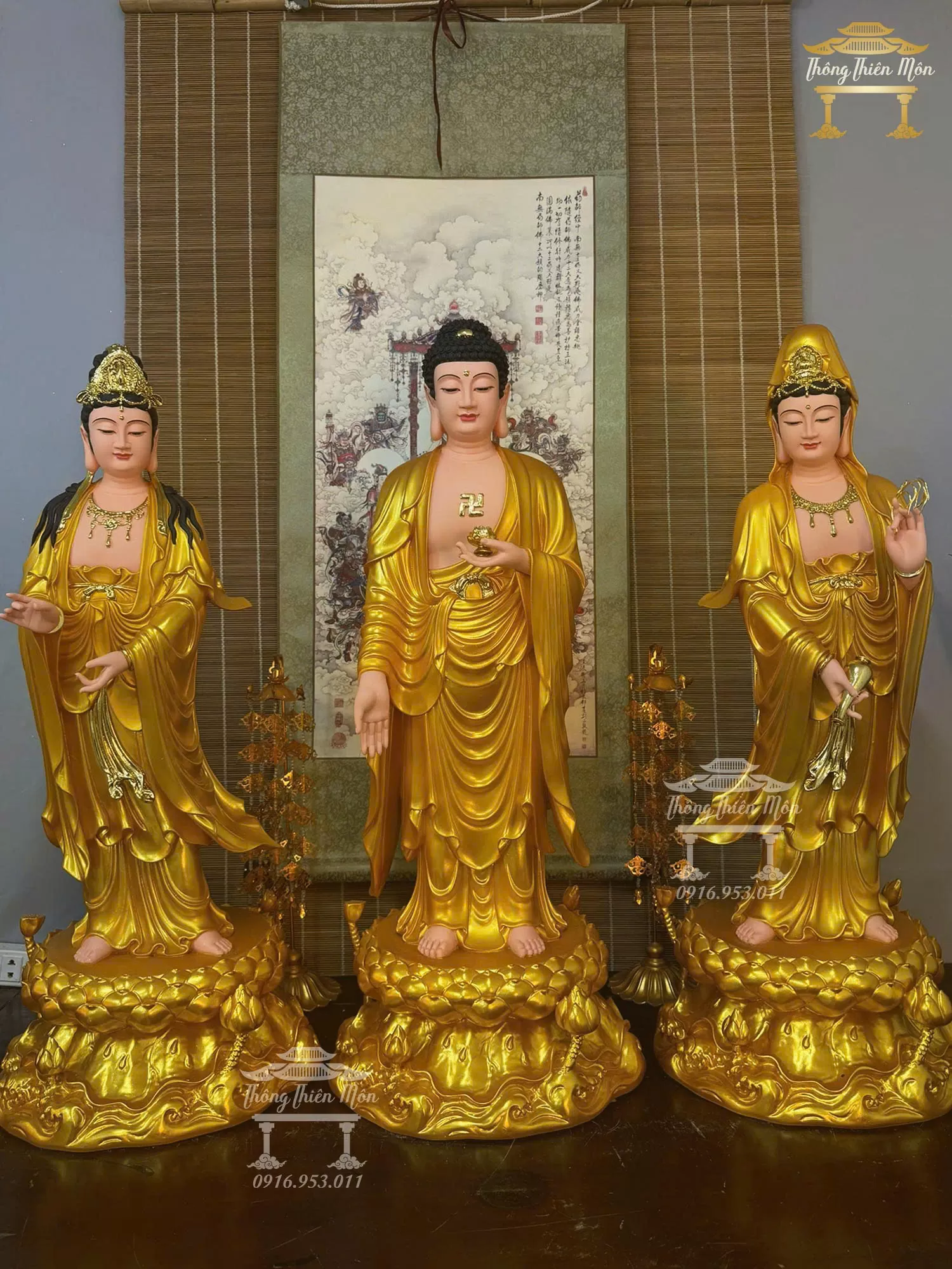 Tôn tượng Tây Phương Tam Thánh, Kích thước 90cm, Sơn màu nhũ vàng