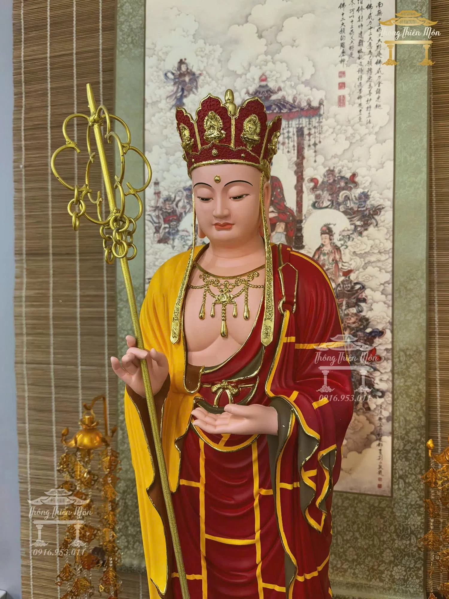 Tôn Tượng Địa Tạng Vương Bồ Tát, Kích thước 90cm, Y Phước Điền đỏ vàng