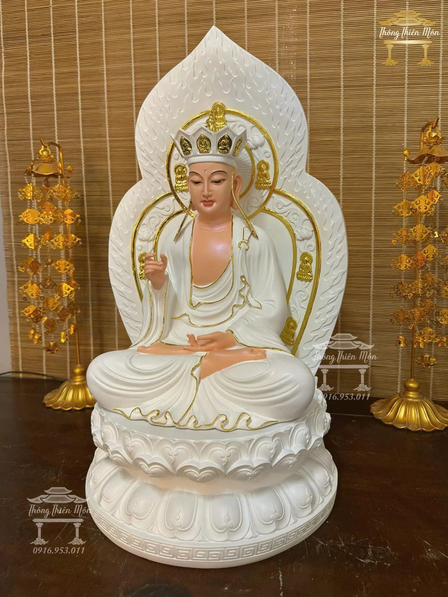 Tôn tượng Địa Tạng Bồ Tát, có tấm thân quang, Kích thước 60cm, Màu trắng viền vàng
