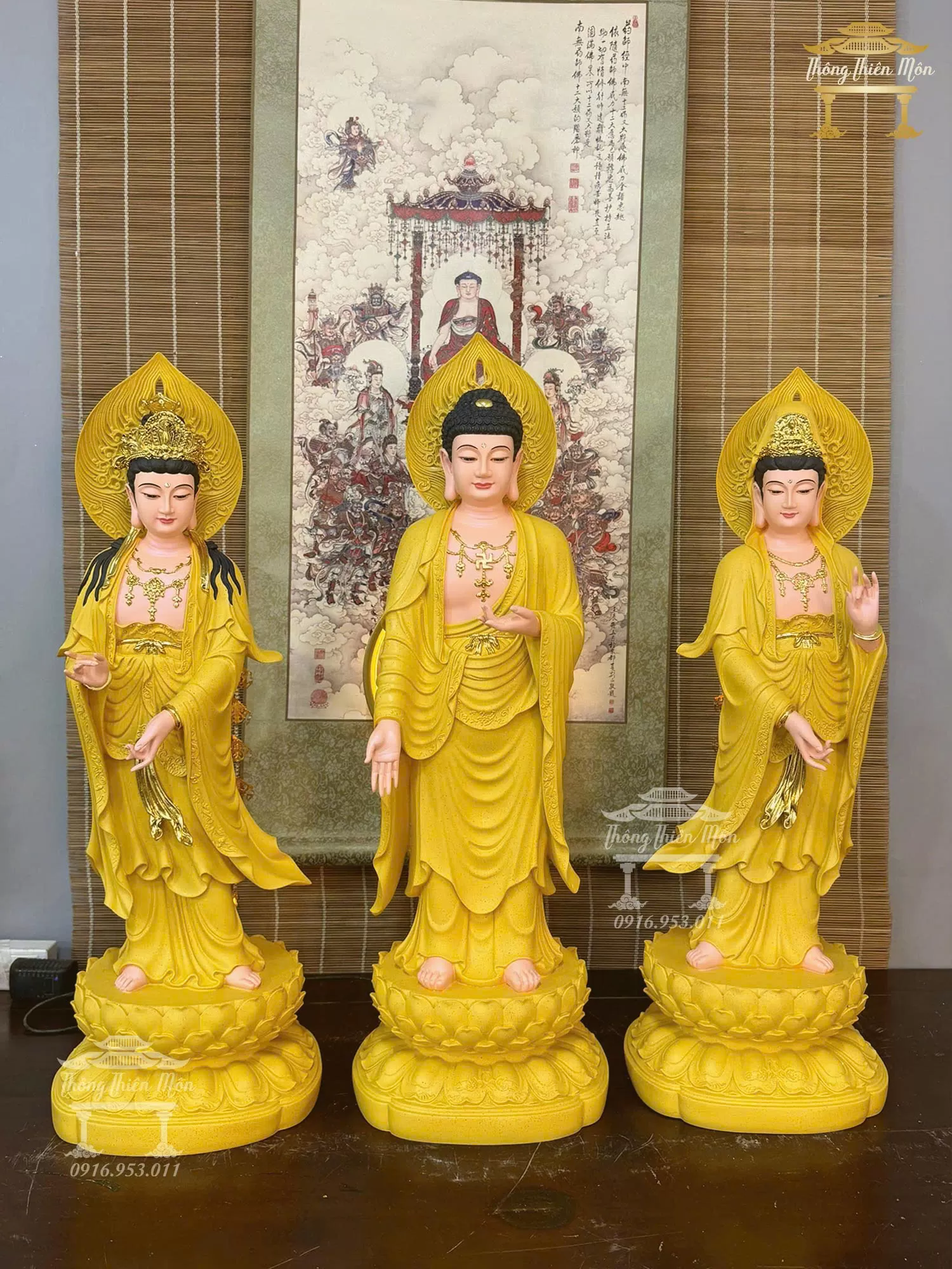 Tôn tượng Tây Phương Tam Thánh, Màu Tử Sa Vàng, Kích thước 70cm