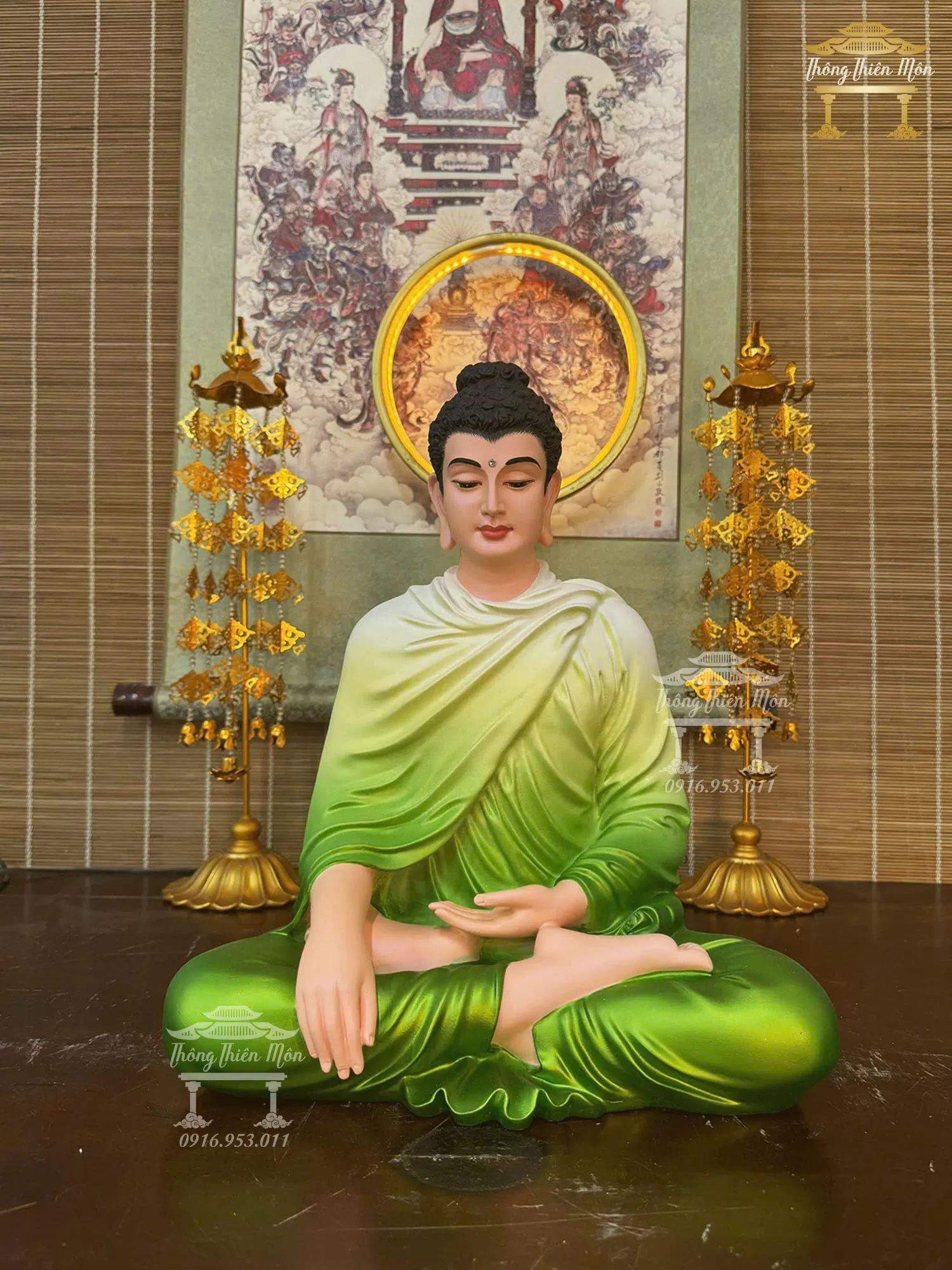 Kim thân tôn tượng Bổn Sư Ấn Địa Xúc, Kích thước 40cm, Màu xanh