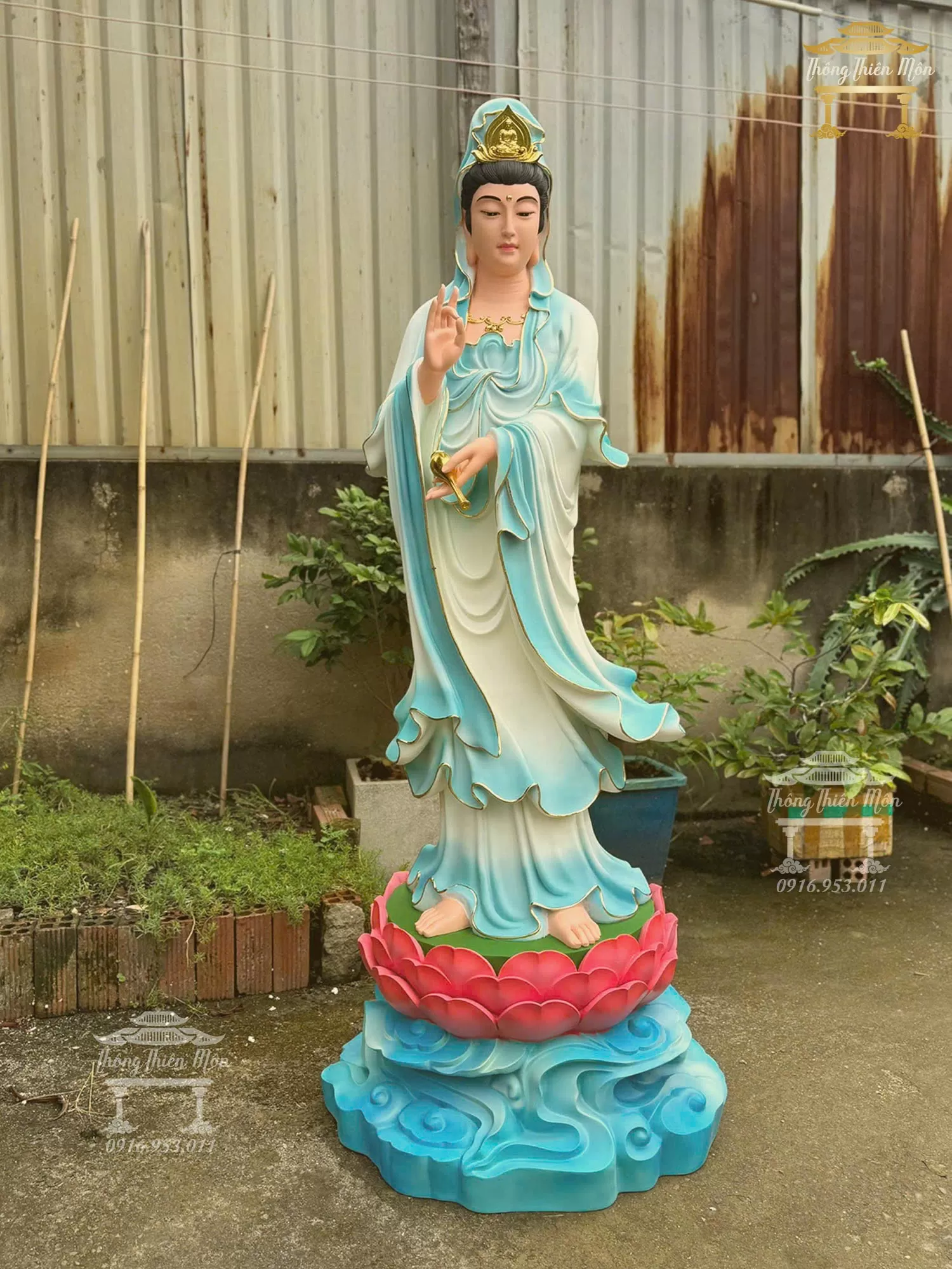 Tôn tượng Quan Thế Âm Bồ Tát - Dáng đứng - Kích thước 170cm - Màu xanh