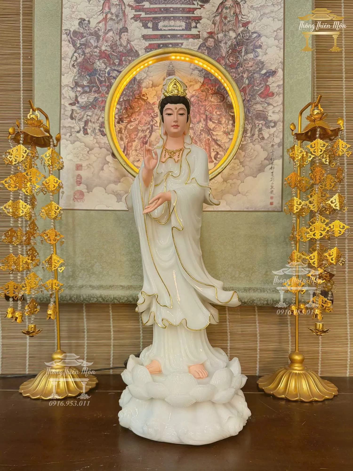 Tôn tượng Quan Âm dáng đứng, Kích thước 50cm, Chất liệu Bột đá Bạch Ngọc