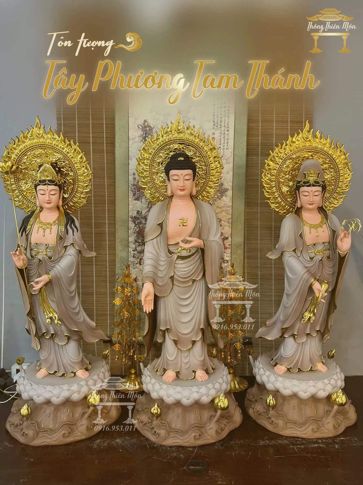 Tôn tượng Tây Phương Tam Thánh, Sơn khoáng nâu viền vàng, Kích thước 100cm 