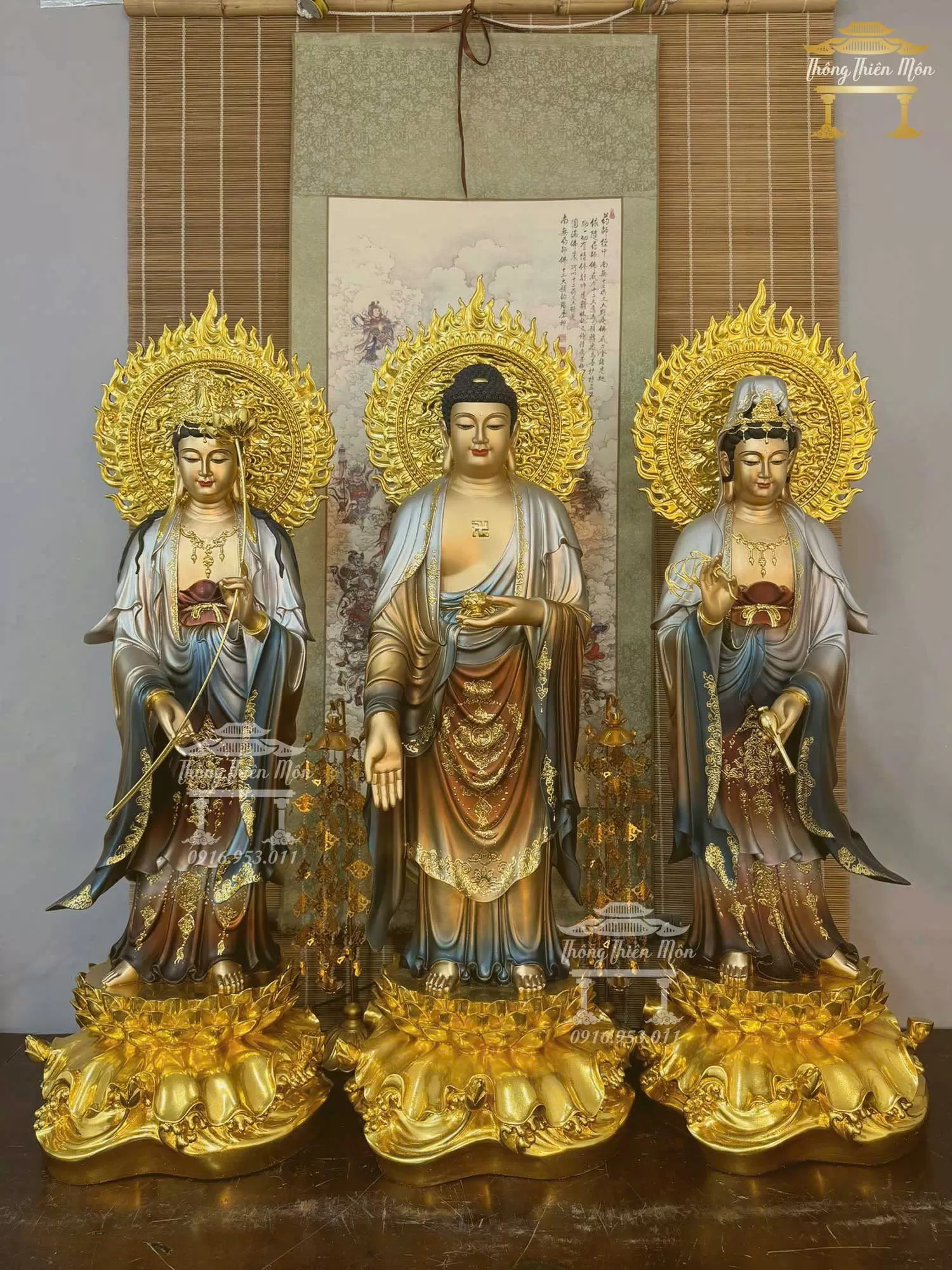 Tôn tượng Tây Phương Tam Thánh, Sơn phối màu, Kích thước 100cm 