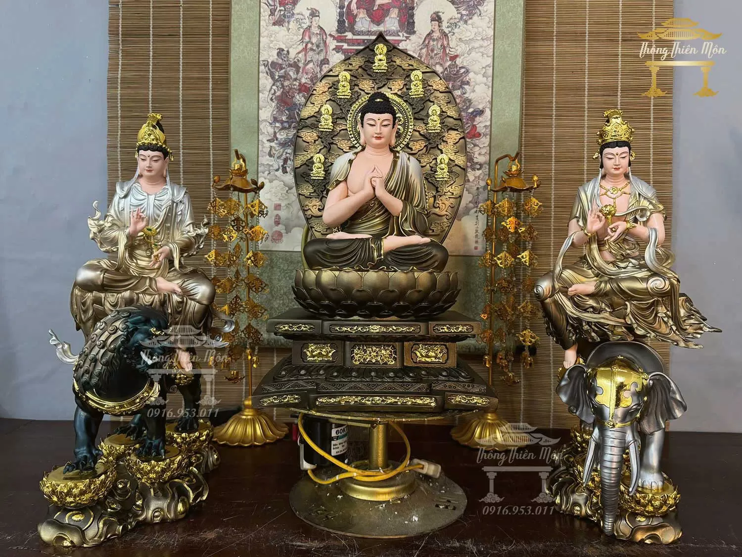 Tôn tượng Hoa Ngiêm Tam Thánh, Kích thước 50cm, Phối màu nâu