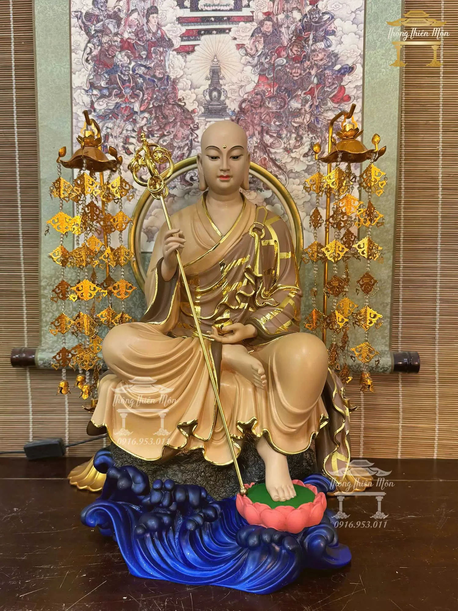 Tôn tượng Địa Tạng Tự Tại Bồ Tát, Kích thước 45cm, Màu tối