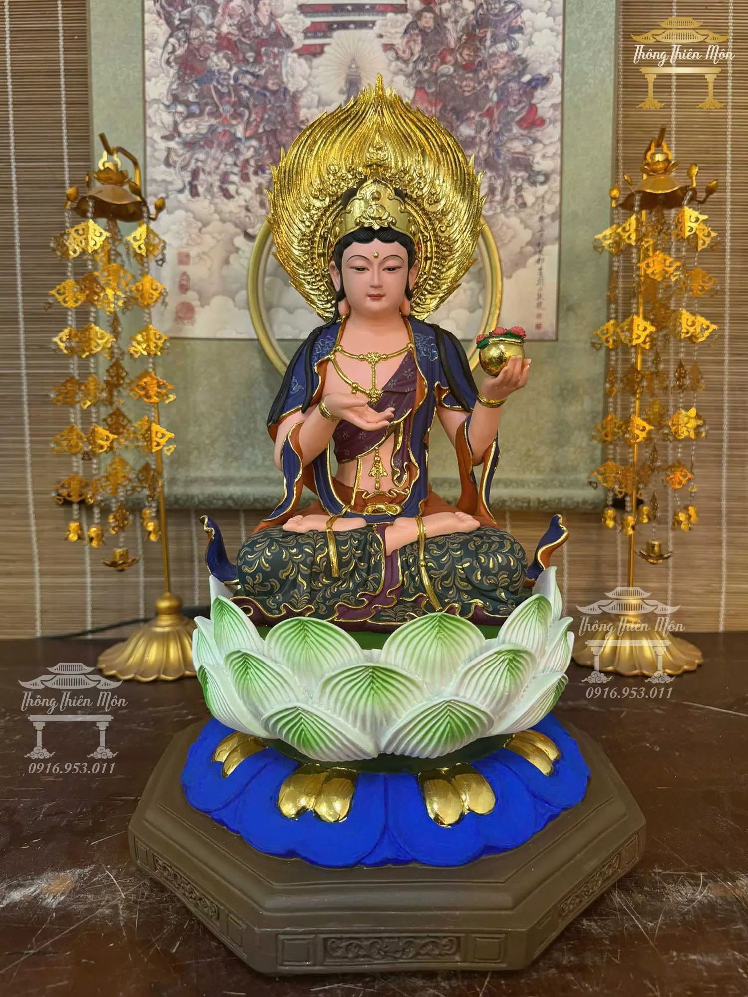 Tôn tượng Kiên Lao Địa Thần, Kích thước 48cm, Vẽ gấm thủ công