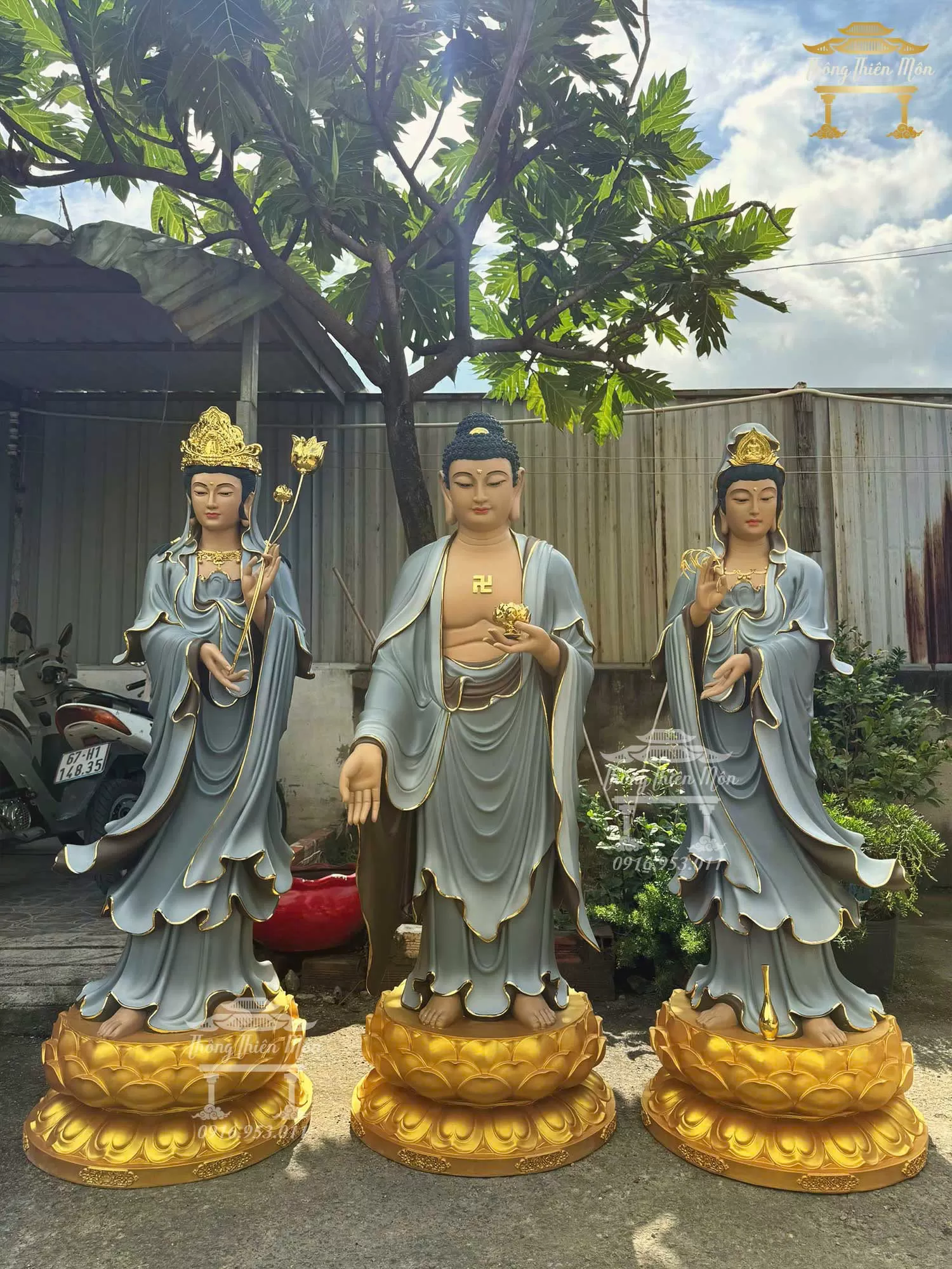 Tôn tượng Tây Phương Tam Thánh, Kích thước 150cm, Màu xám xanh