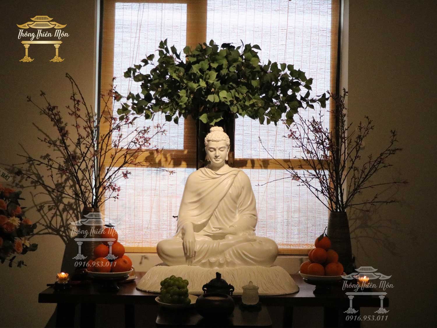 Tượng Bổn Sư Thích Ca Ấn Địa Xúc - Đế cỏ - 85cm - Màu trắng ngọc trai