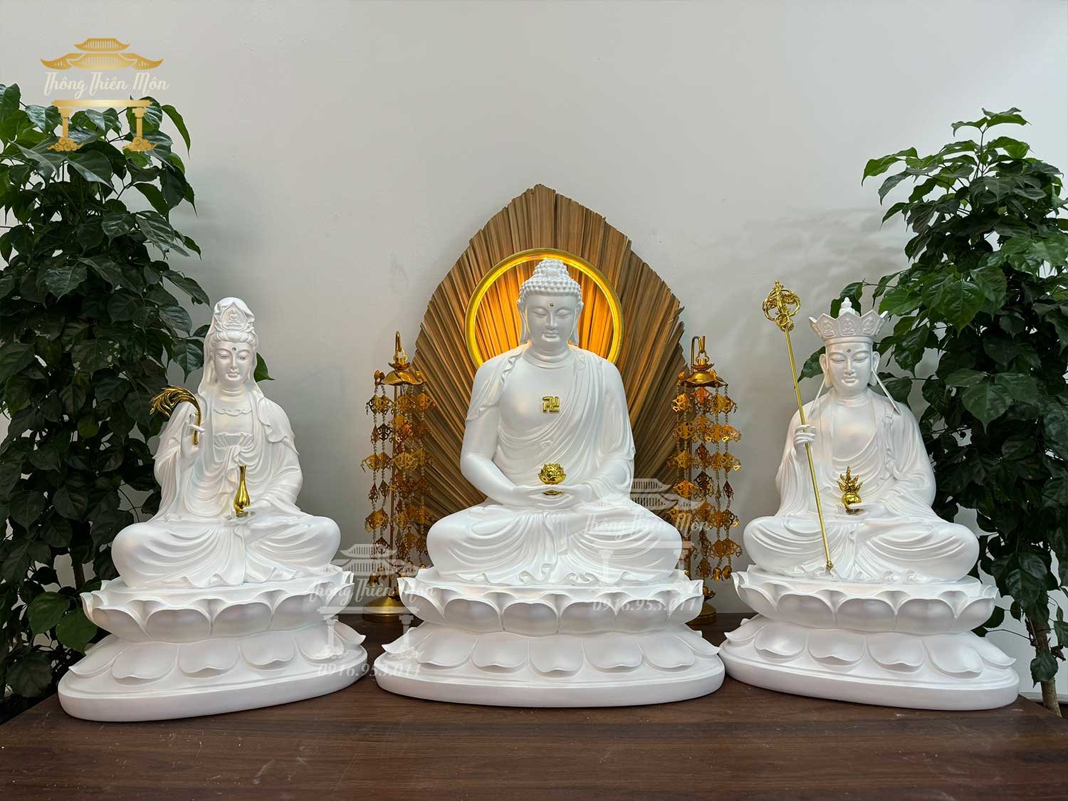 Tôn tượng Ta Bà Tam Thánh - Cao 45-50-45cm - Trắng ngọc trai