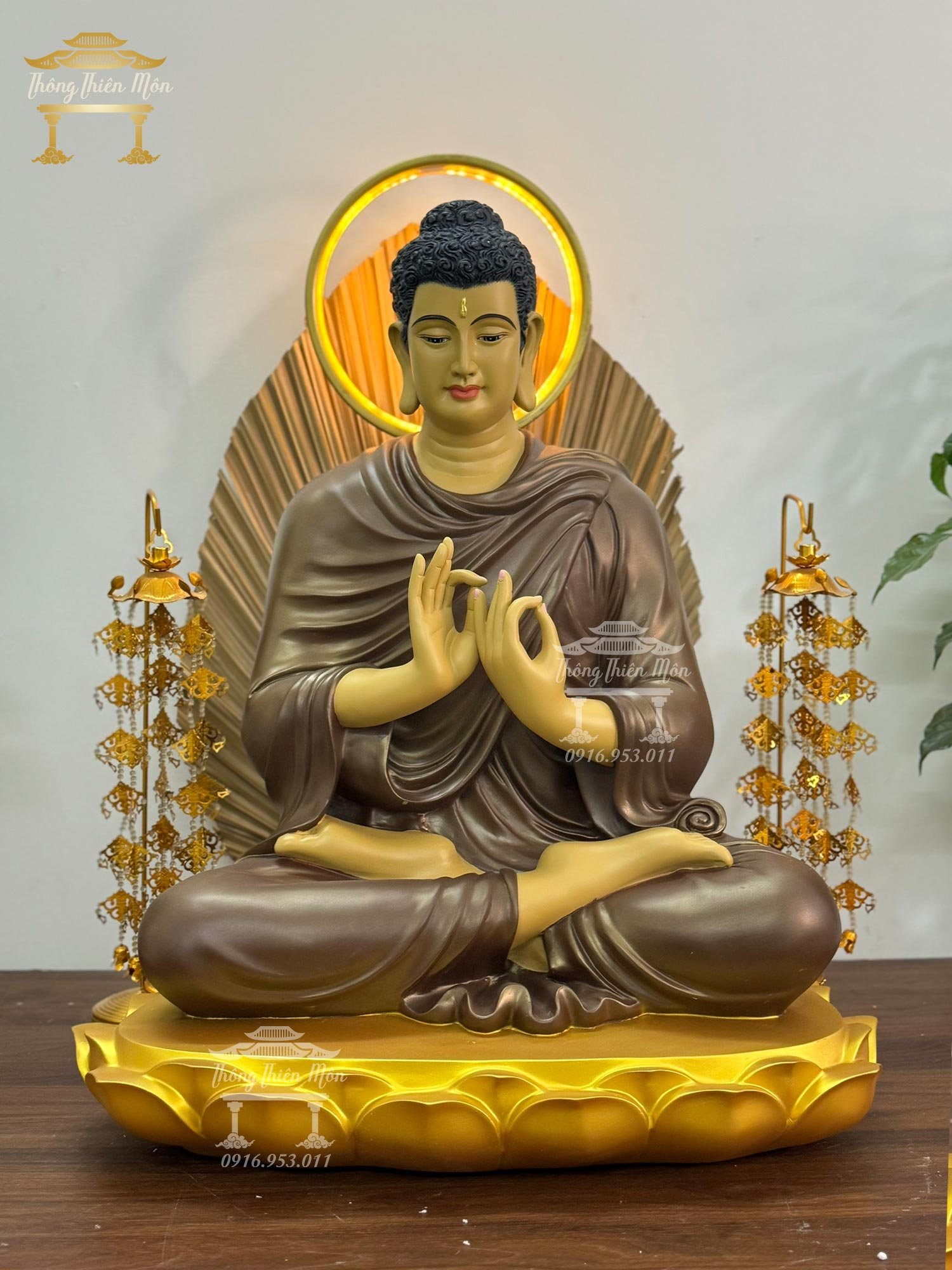 Tôn tượng Thích Ca Chuyển Pháp Luân - 70cm - Đế sen 1 tầng, sơn màu theo yêu cầu