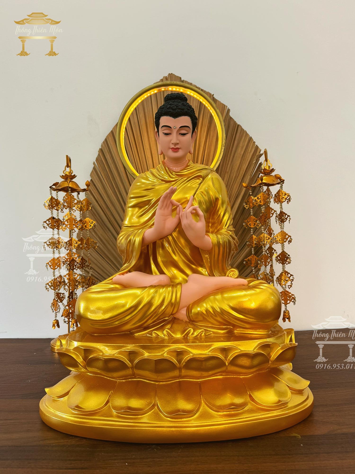 Tượng Bổn Sư Ấn Chuyển Pháp Luân, Sơn nhũ vàng, kích thước 50cm