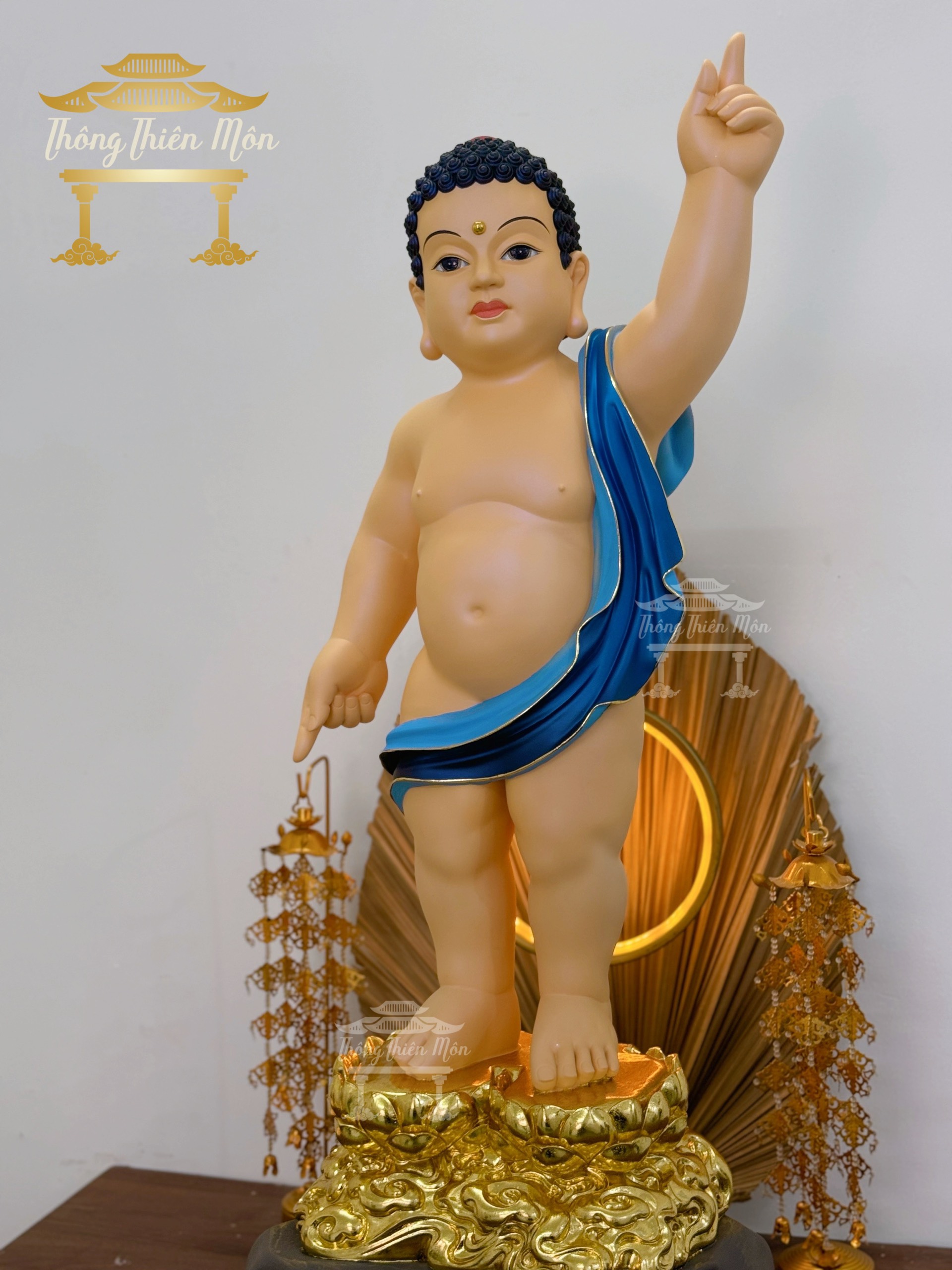 Tượng Đức Phật Sơ Sinh, Kích thước 110cm, Phối màu xanh