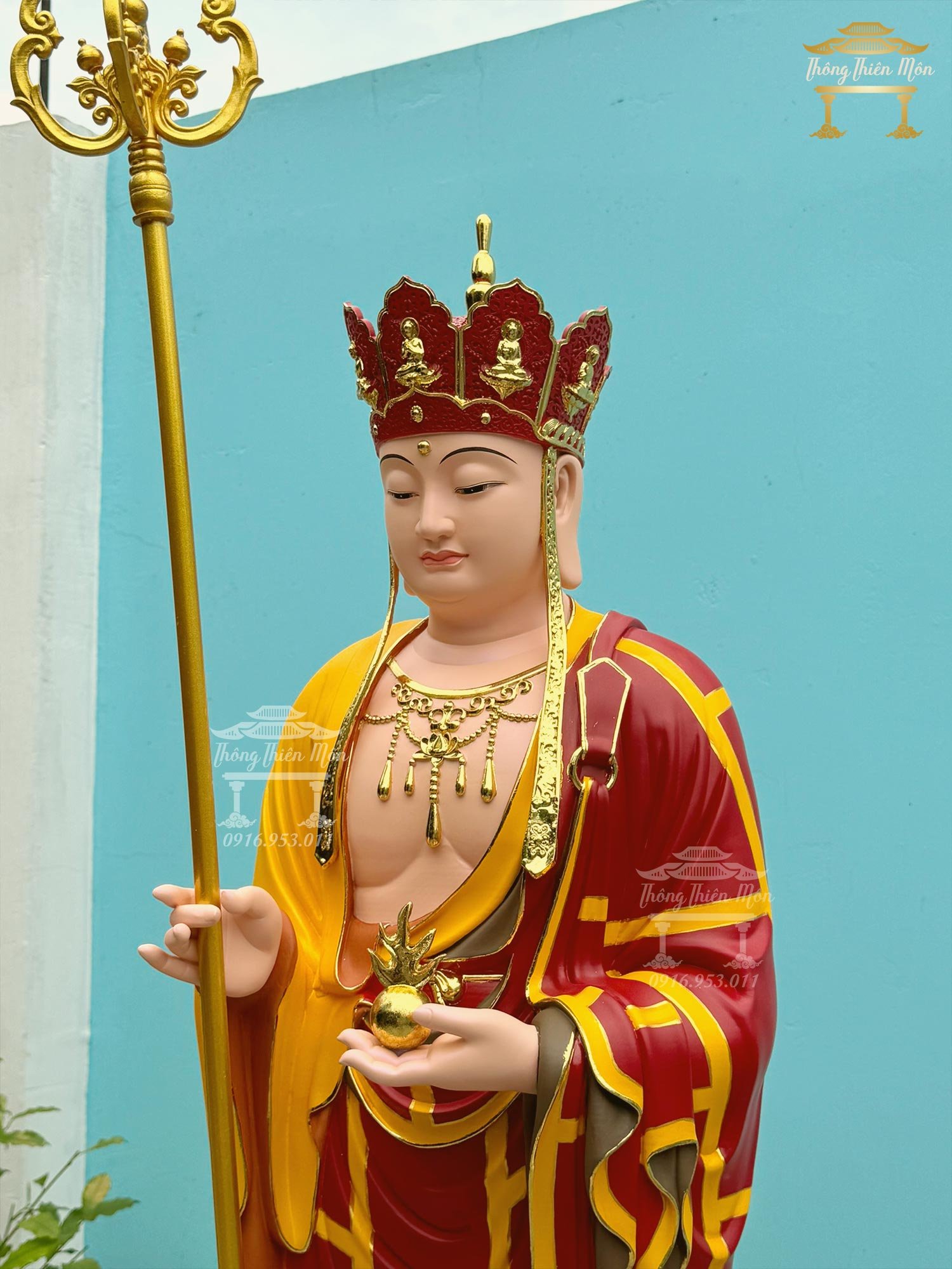 Tượng Địa Tạng Vương Bồ Tát, Kích thước 120cm, Sơn khoáng phối màu