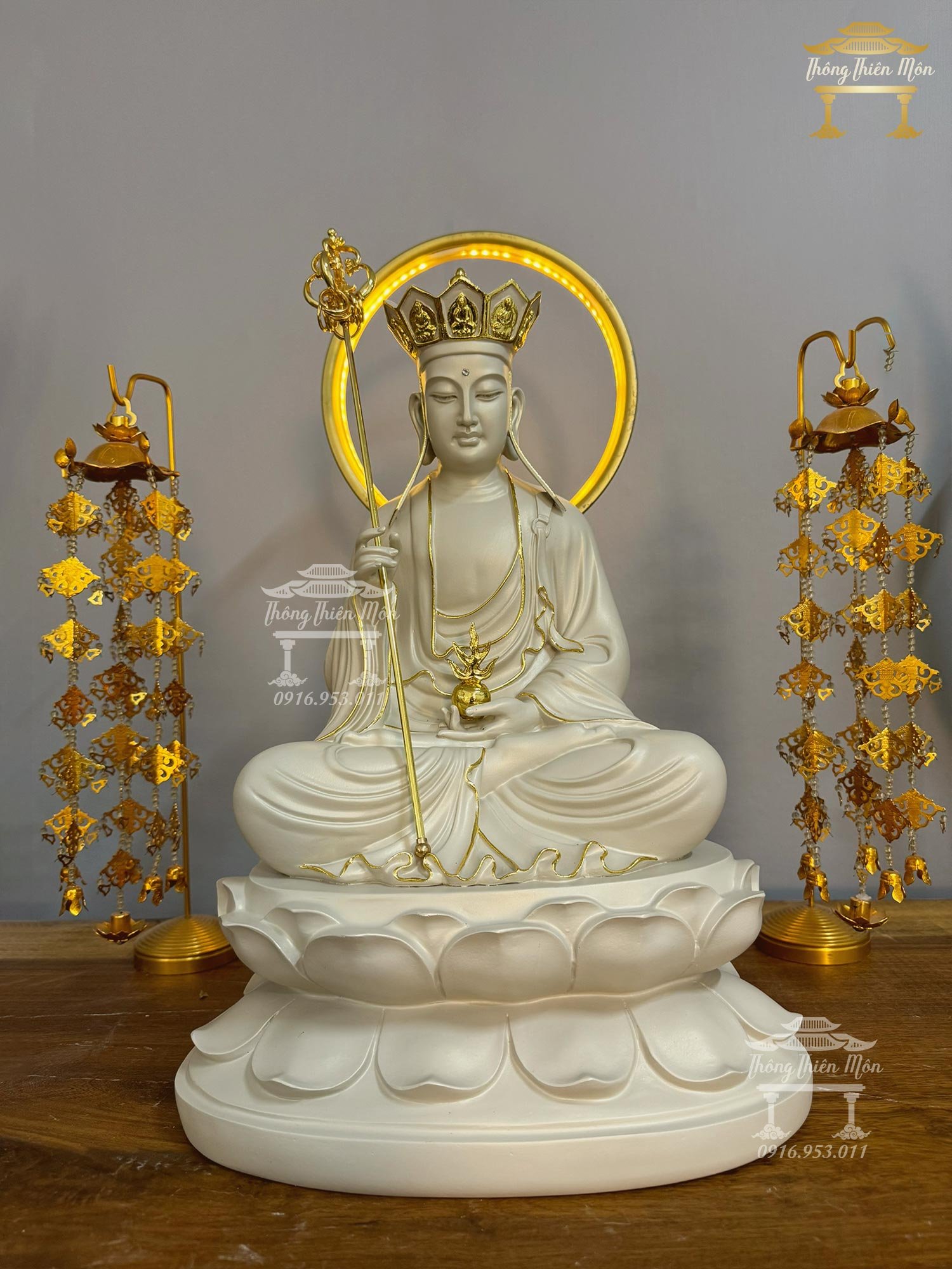 Tôn tượng Địa Tạng, Kích thước 45cm, Sơn xám, Viền vàng