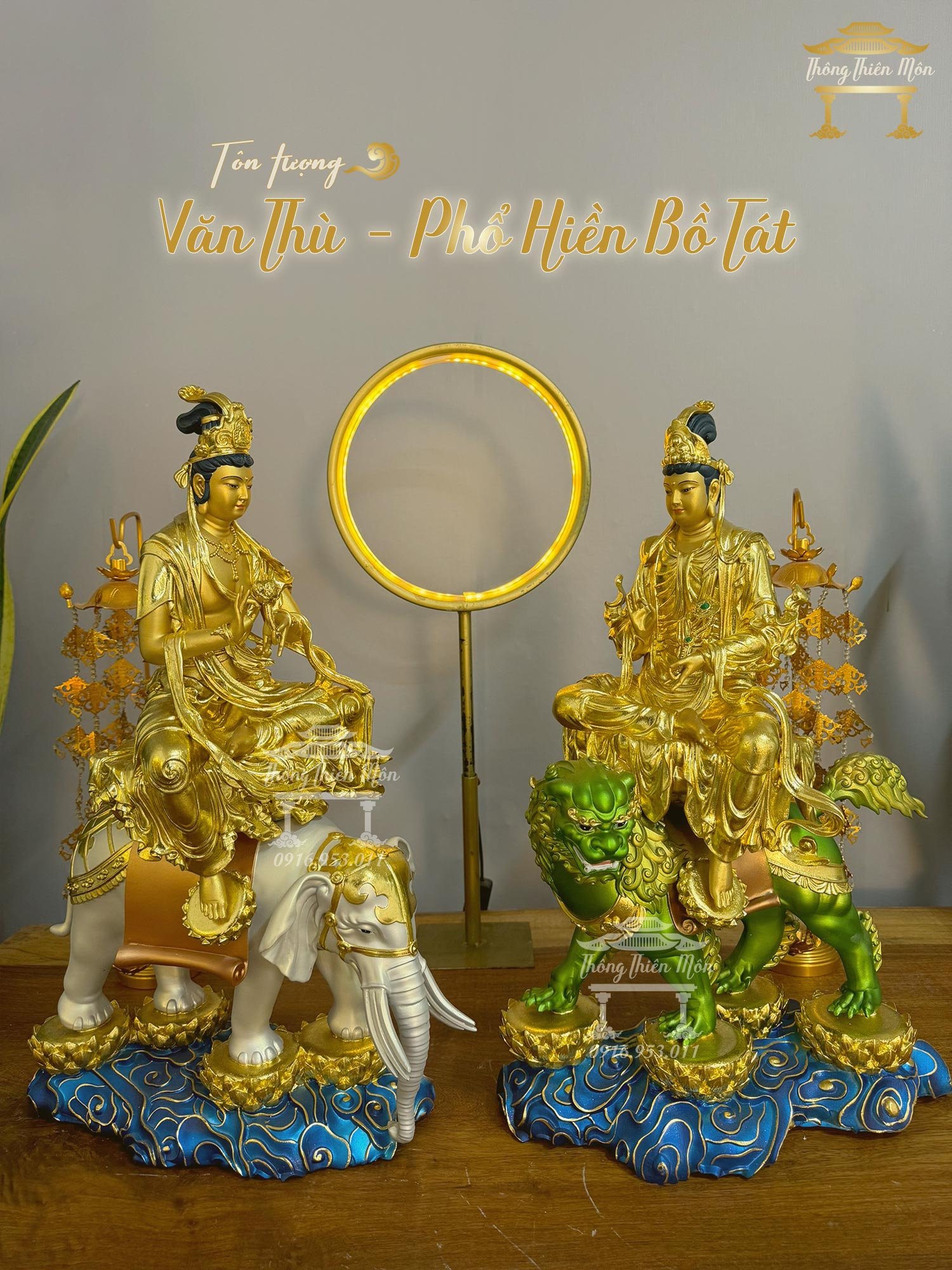 Tượng Văn Thù - Phổ Hiền Bồ Tát, Kích thước 50cm, Sơn phối màu kết hợp mạ vàng