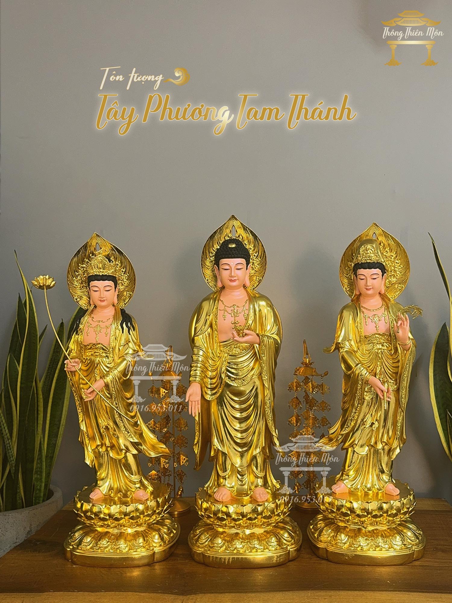 Tượng Tây Phương Tam Thánh, Kích thước 70cm, Mạ vàng, da hồng