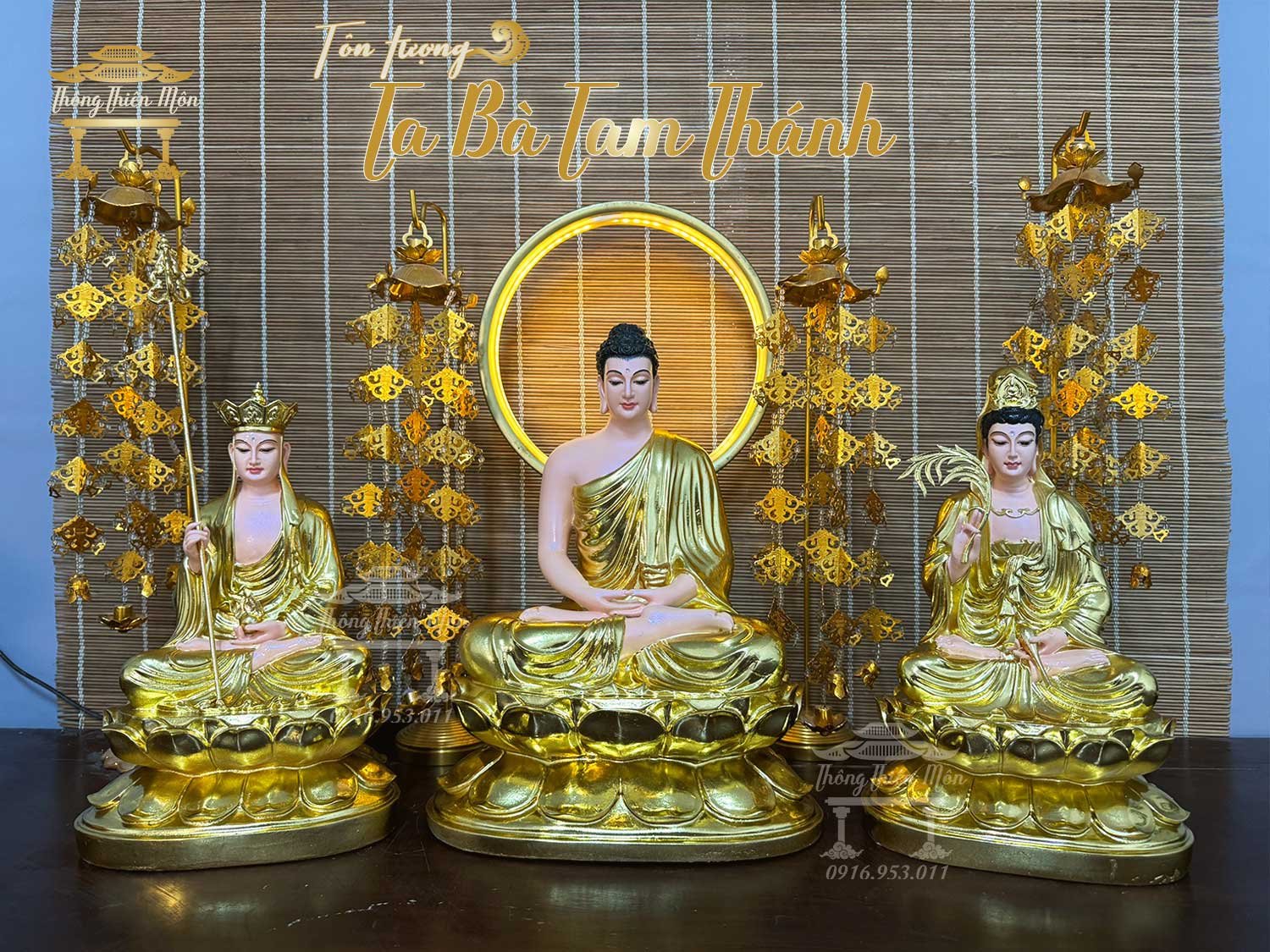 Tượng Ta Bà Tam Thánh, Mạ Vàng, Kích thước 30-32-30cm
