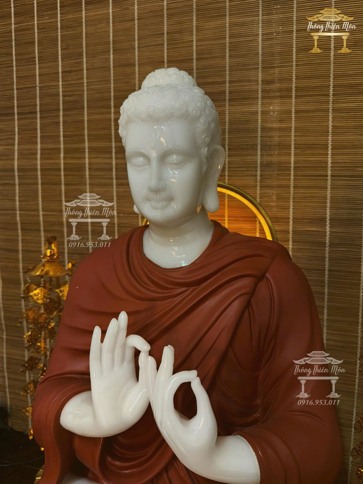 Tượng Bổn Sư Thích Ca Ấn Chuyển Pháp Luân, chất liệu Bạch Ngọc, kích thước 70cm