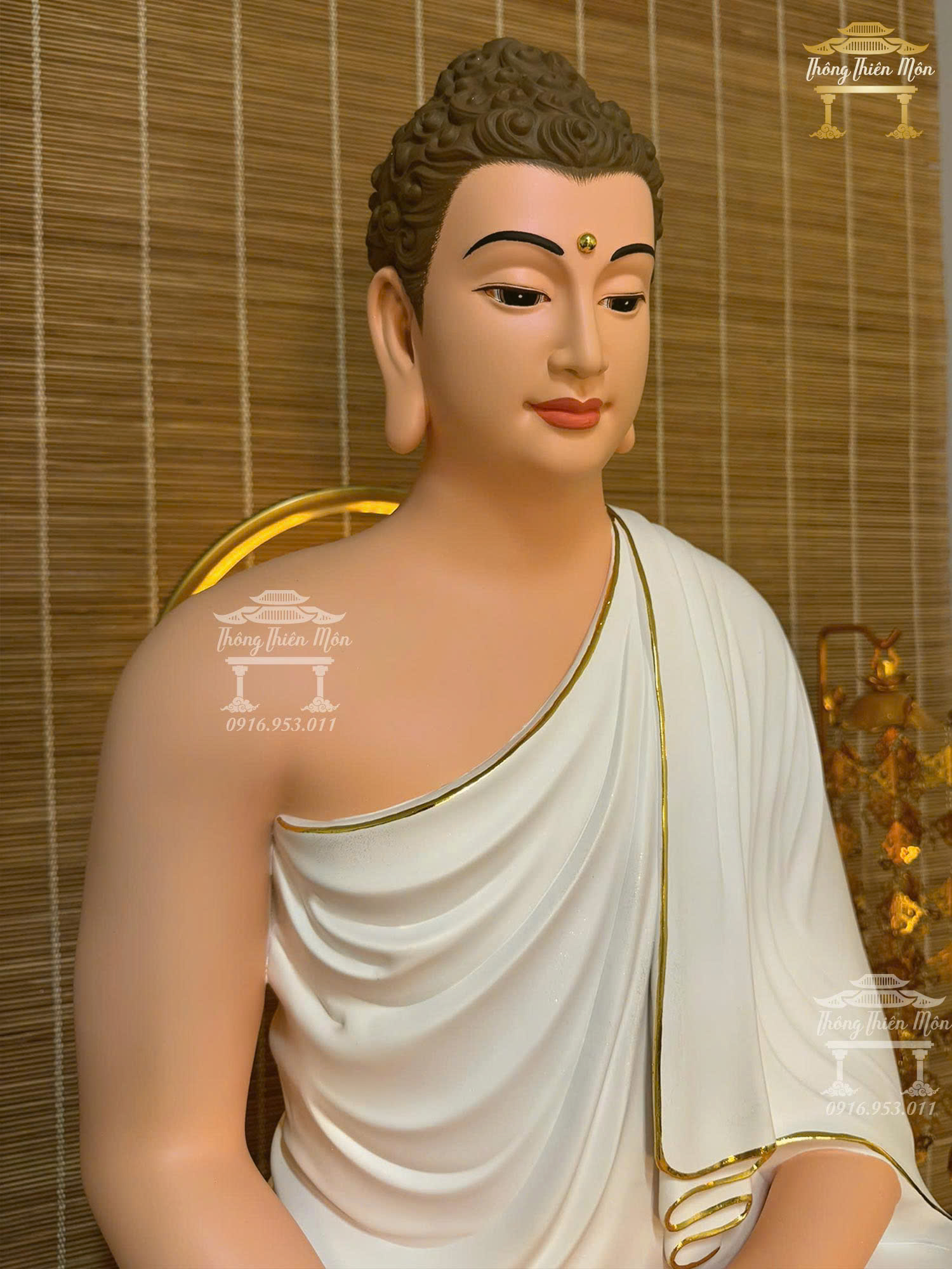 Tôn tượng Bổn Sư Thích Ca Thiền Định, Kích thước 70cm, Màu trắng + viền vàng