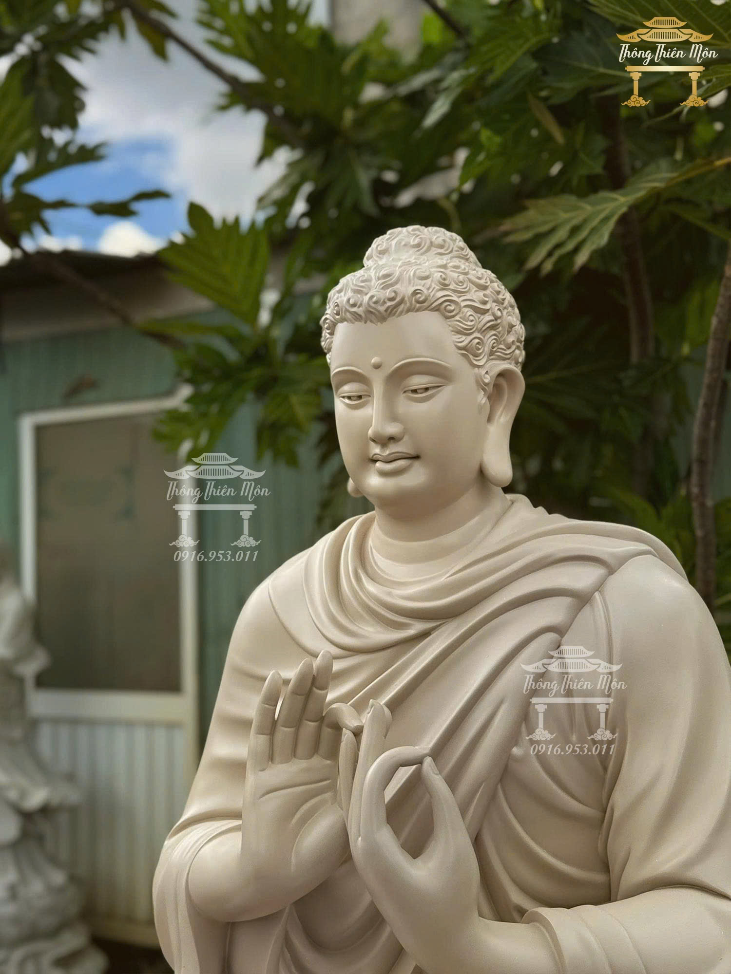 Tượng Bổn Sư Thích Ca Ấn Chuyển Pháp Luân, Kích thước 120cm, Màu xám trắng