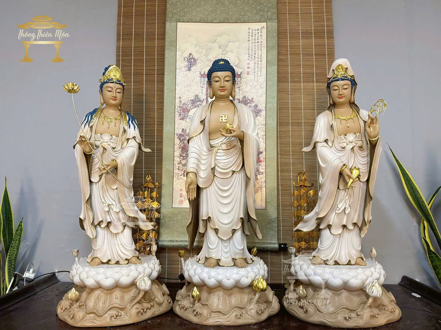 Tôn tượng Tây Phương Tam Thánh, Sơn khoáng nâu viền vàng, Kích thước 90cm 