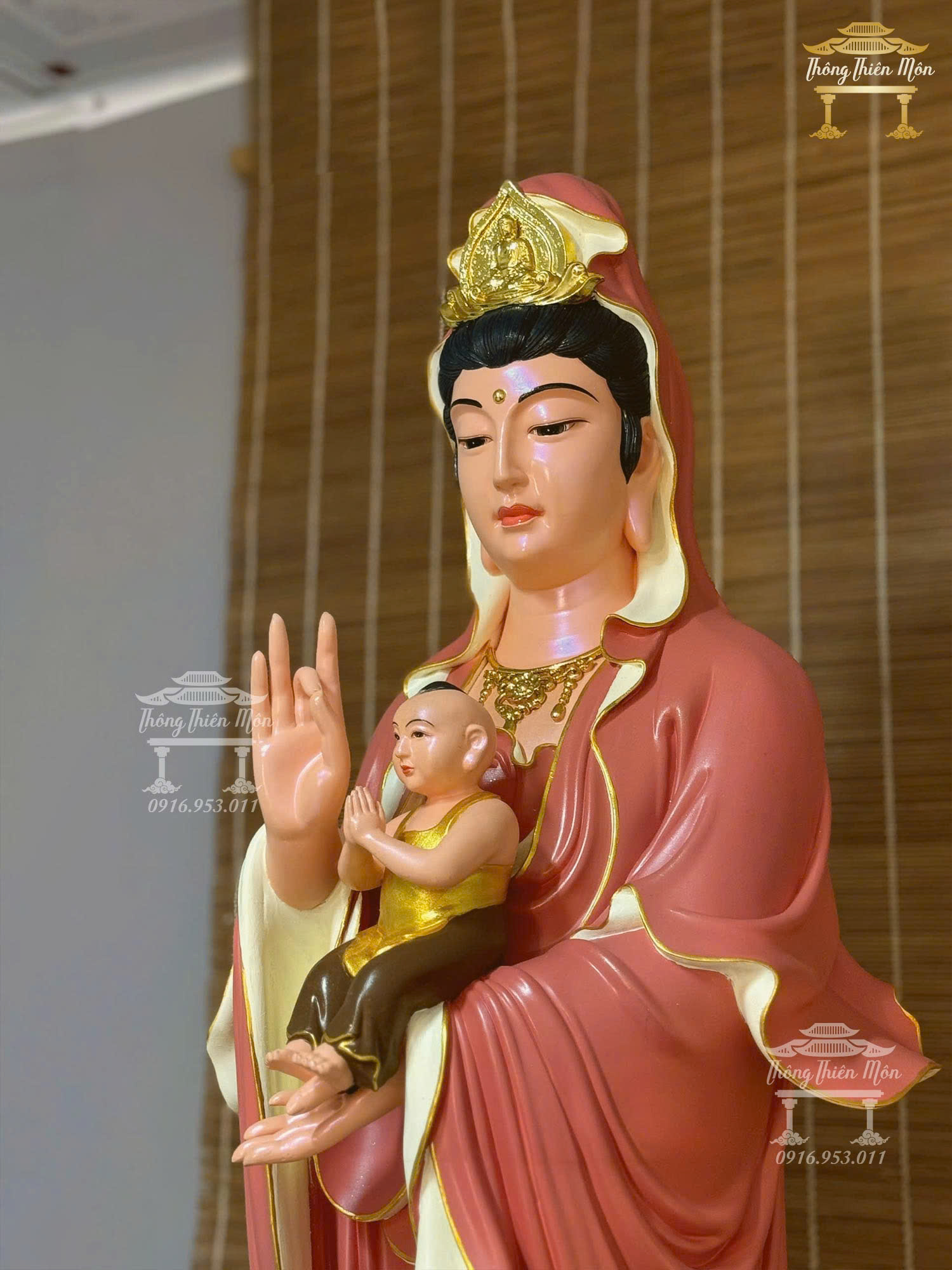 Tôn tượng Quan Âm Tống Tử, Kích thước 120cm, Sơn phối màu hồng