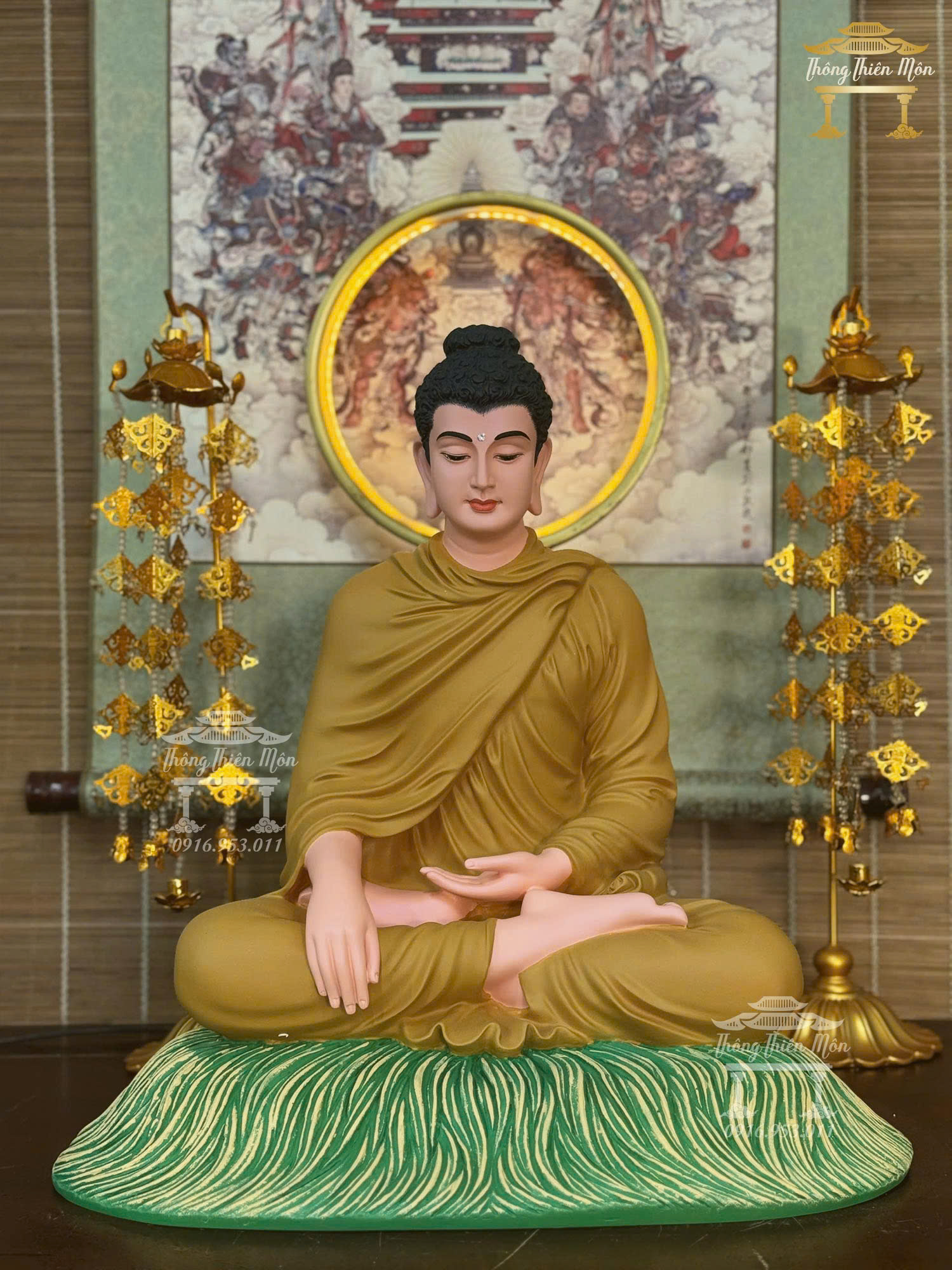 Tôn tượng Bổn Sư Ấn Địa Xúc, Kích thước 45cm, Y màu xanh rêu, Để rơm xanh