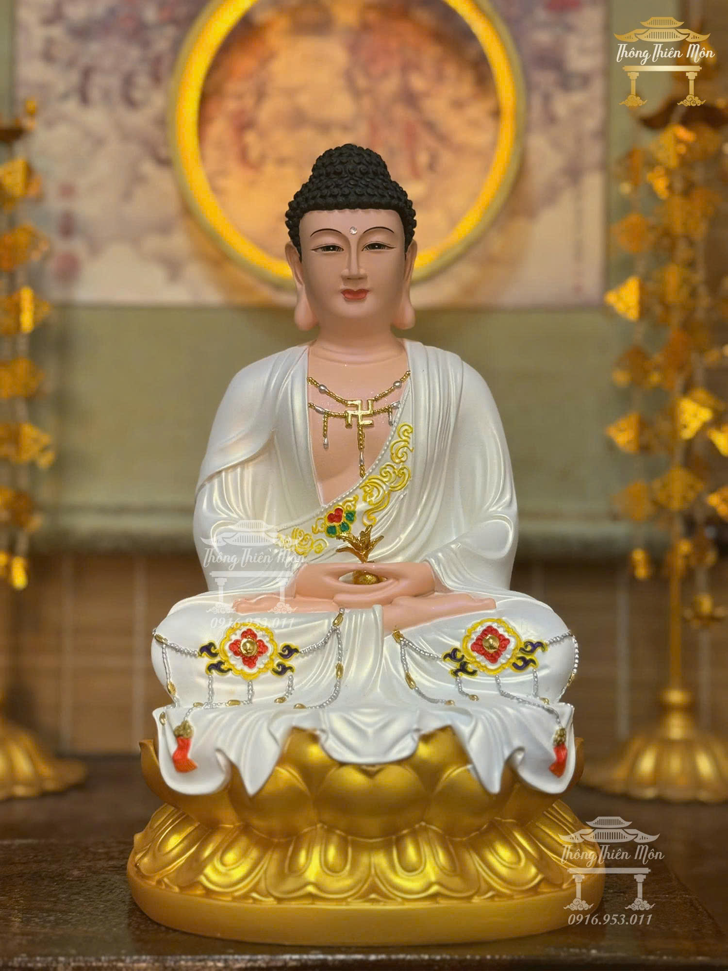 Tôn tượng Dược Sư hoa văn, Kích thước 30cm, y trắng