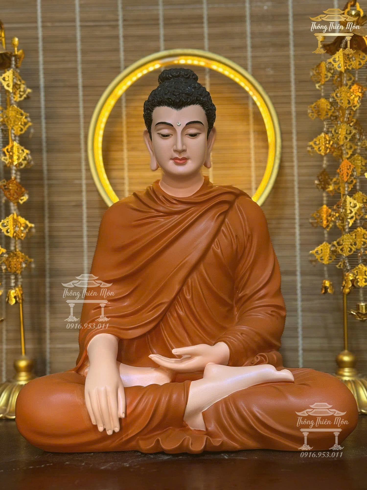 Kim thân (không đế) tôn tượng Bổn Sư Thích Ca Ấn Địa Xúc, Kích thước 40cm, Màu cam