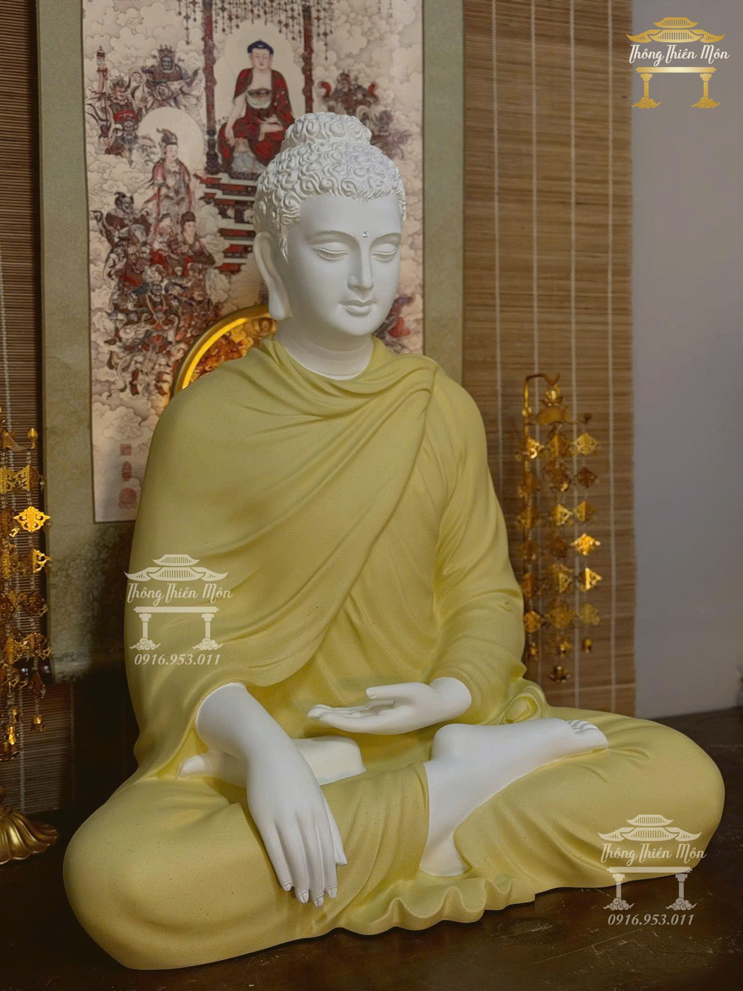 Kim thân (không đế) tôn tượng Bổn Sư Thích Ca Ấn Địa Xúc, Kích thước 75cm, Sơn hiệu ứng tử sa vàng